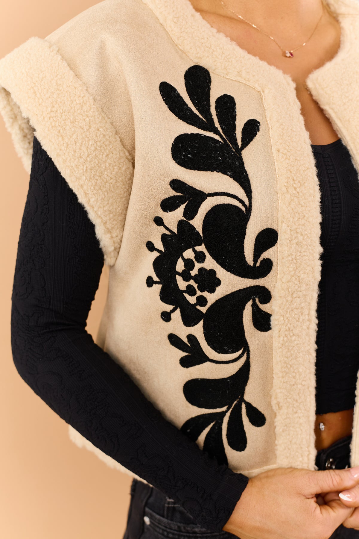 Beige Faux Suede Floral Embroidered Sherpa Trim Vest