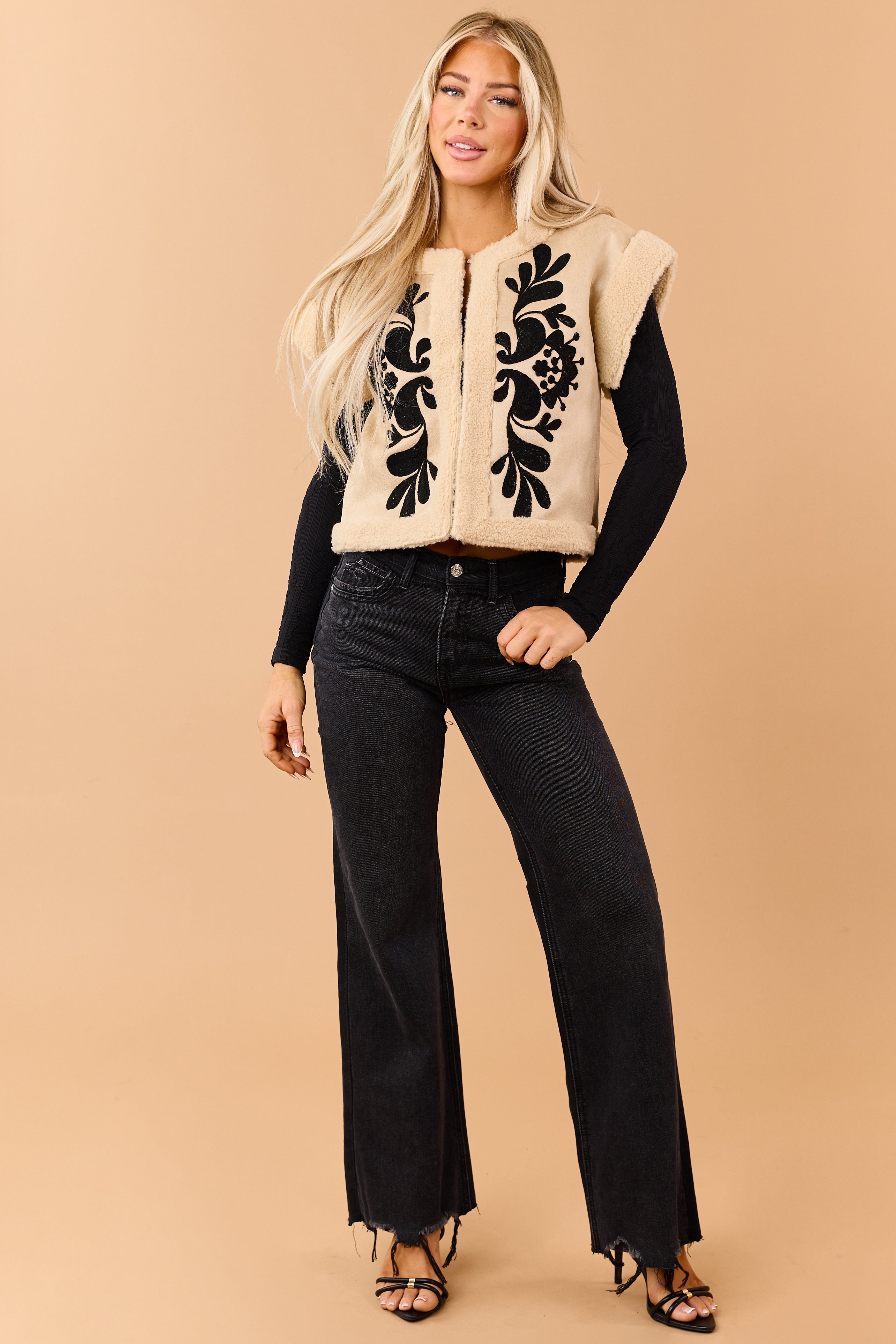 Beige Faux Suede Floral Embroidered Sherpa Trim Vest | Lime Lush