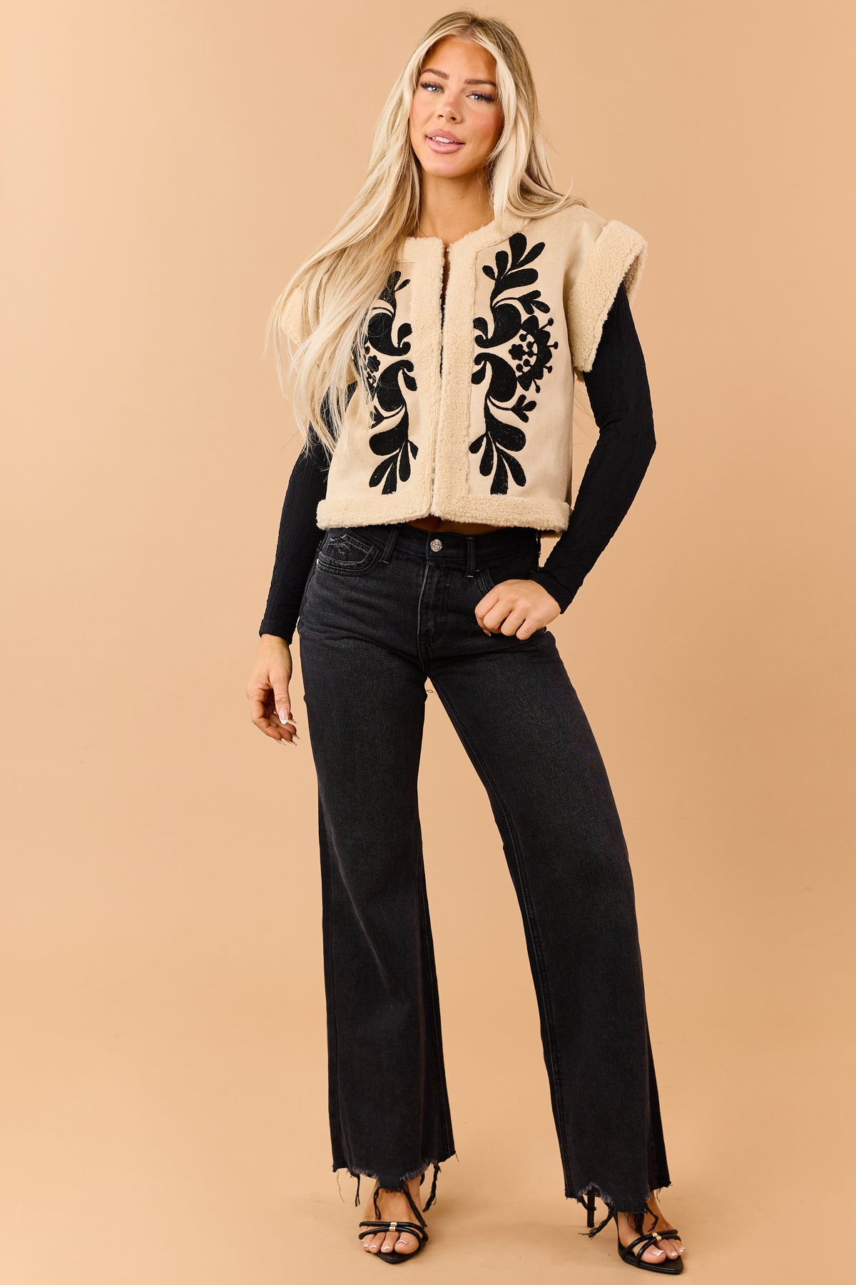 Beige Faux Suede Floral Embroidered Sherpa Trim Vest
