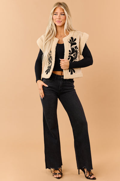 Beige Faux Suede Floral Embroidered Sherpa Trim Vest