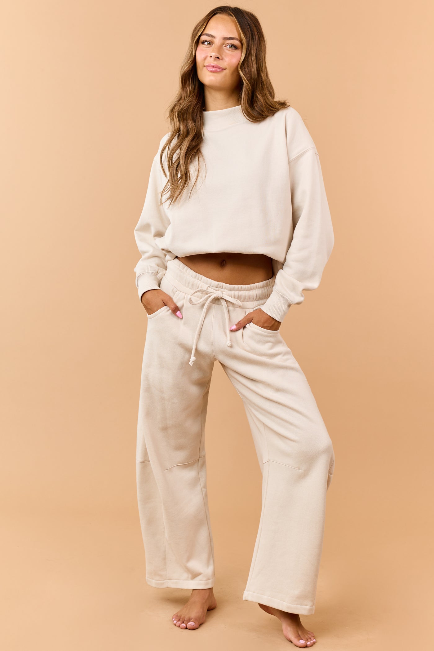 Beige Fleece Baggy Barrel Sweatpants