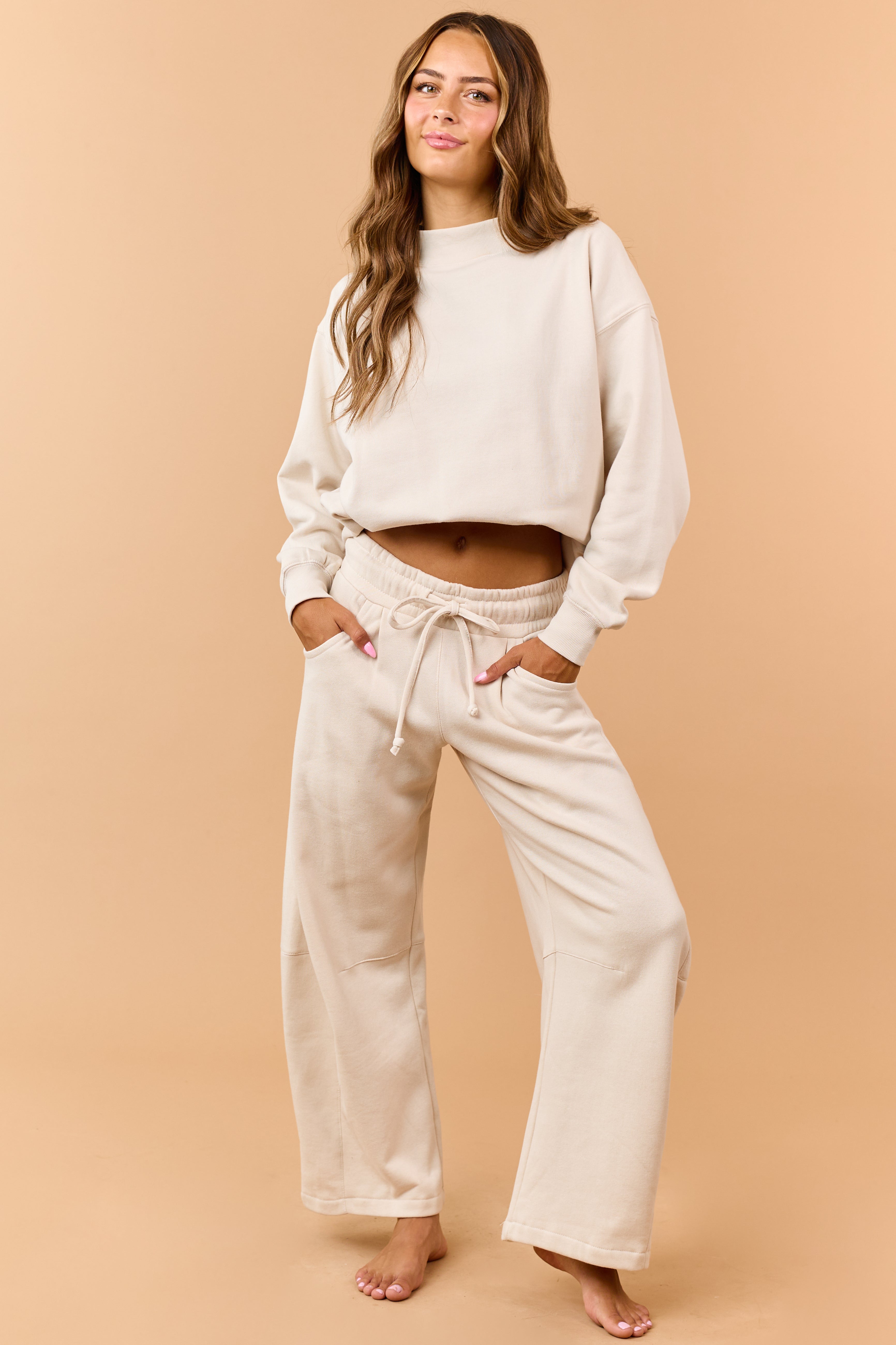 Beige Fleece Baggy Barrel Sweatpants