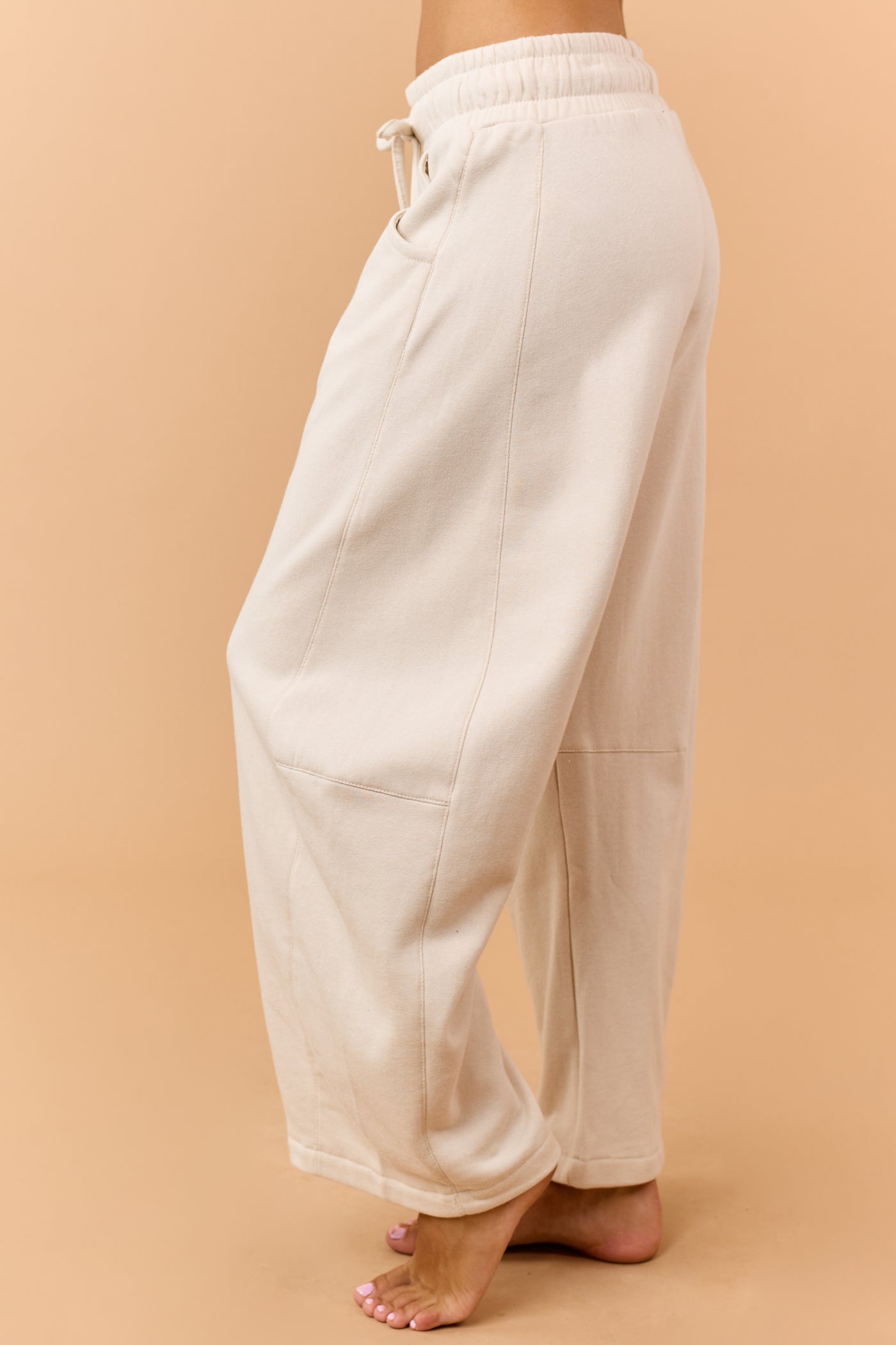 Beige Fleece Baggy Barrel Sweatpants