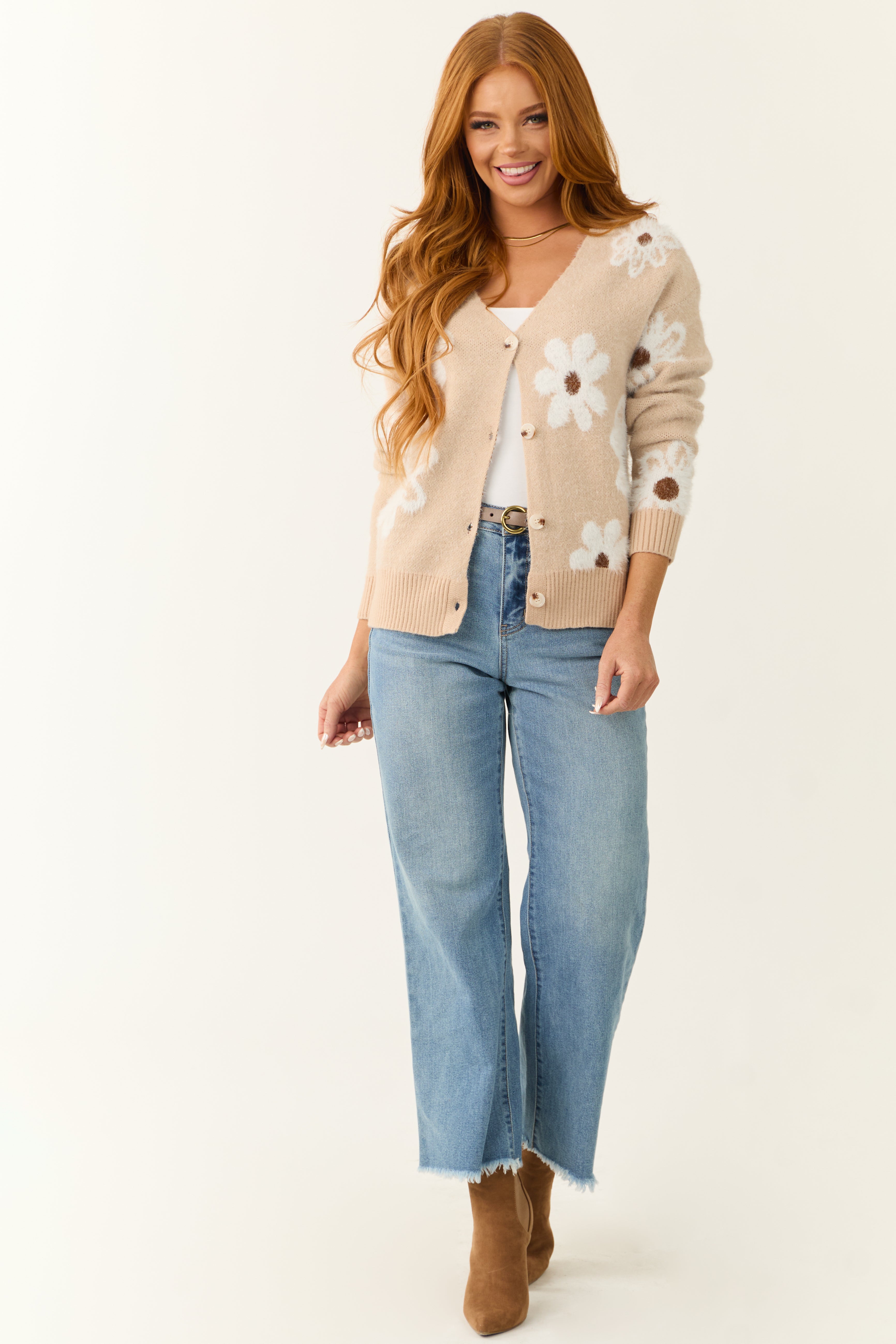 Beige Floral Pattern Fuzzy Soft Knit Cardigan | Lime Lush Boutique