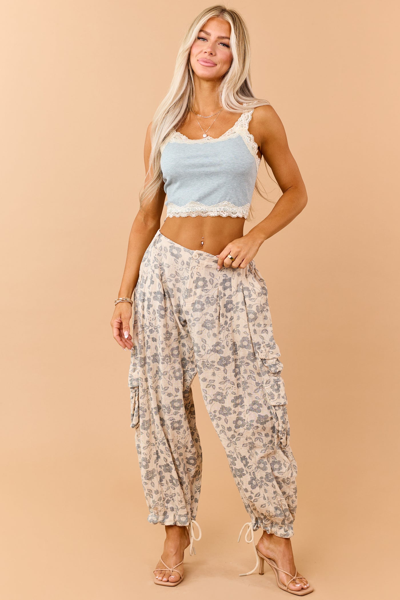 Beige Floral Print Drawstring Cuffs Cargo Pants
