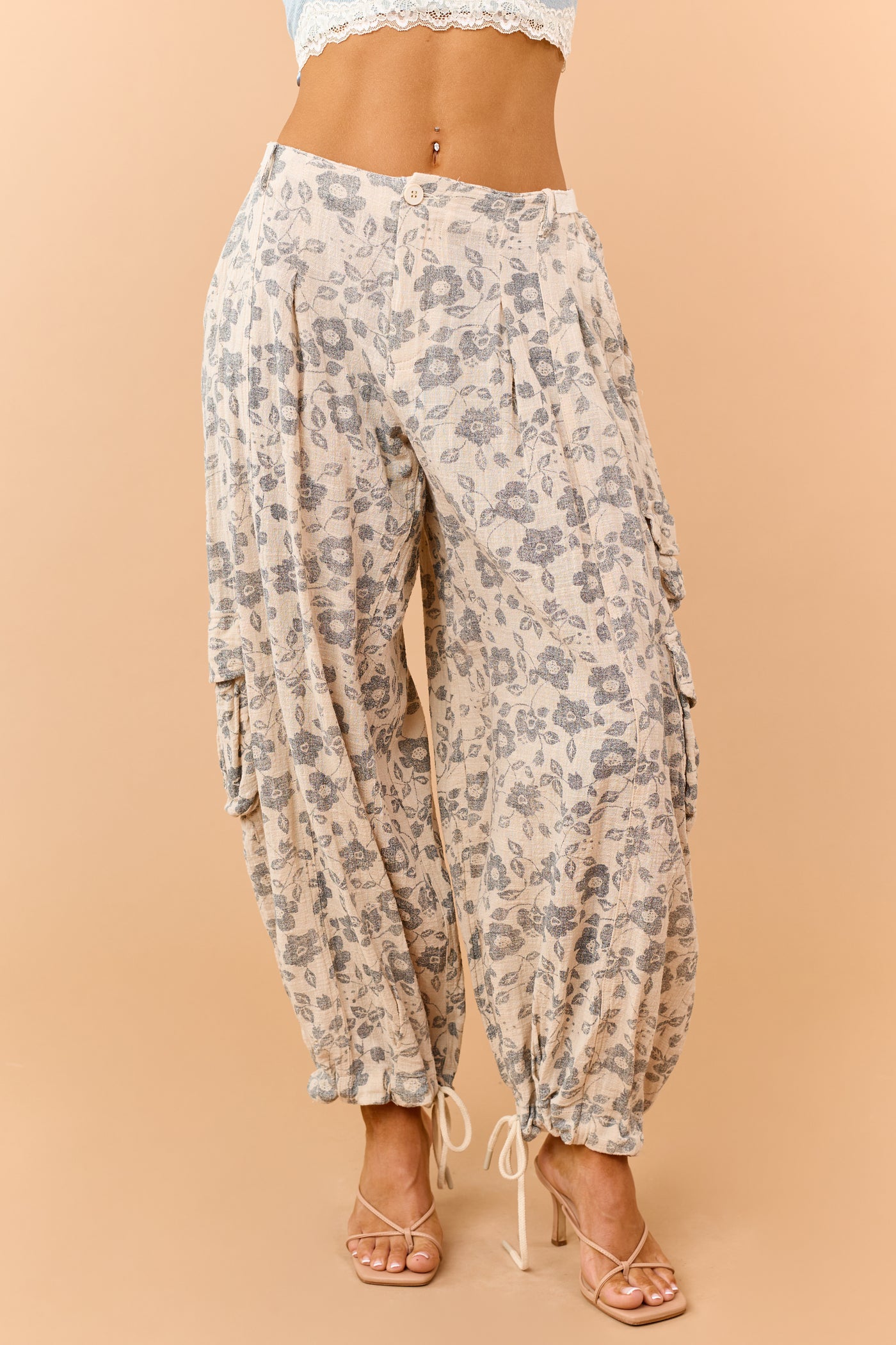 Beige Floral Print Drawstring Cuffs Cargo Pants