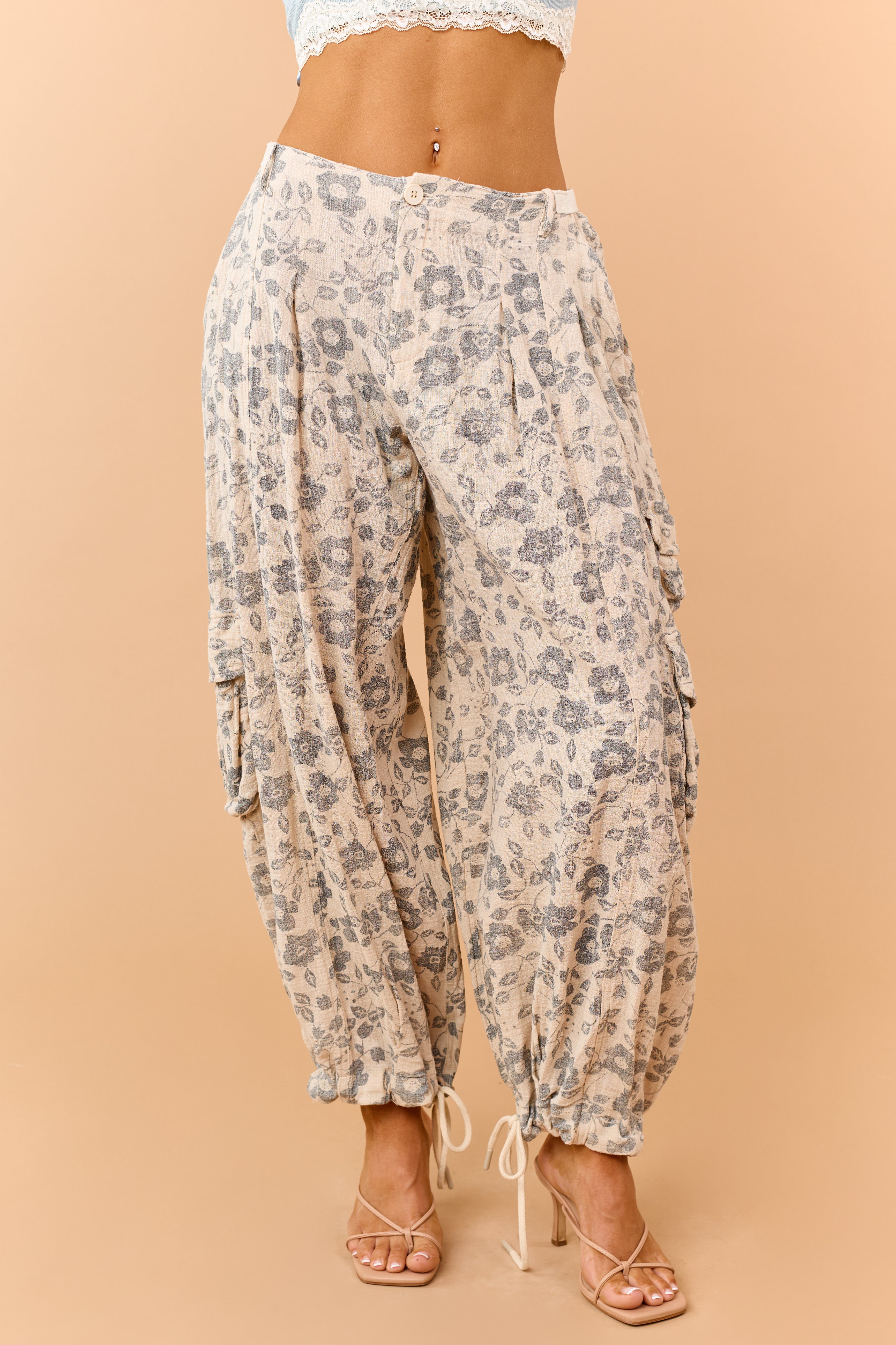Beige Floral Print Drawstring Cuffs Cargo Pants