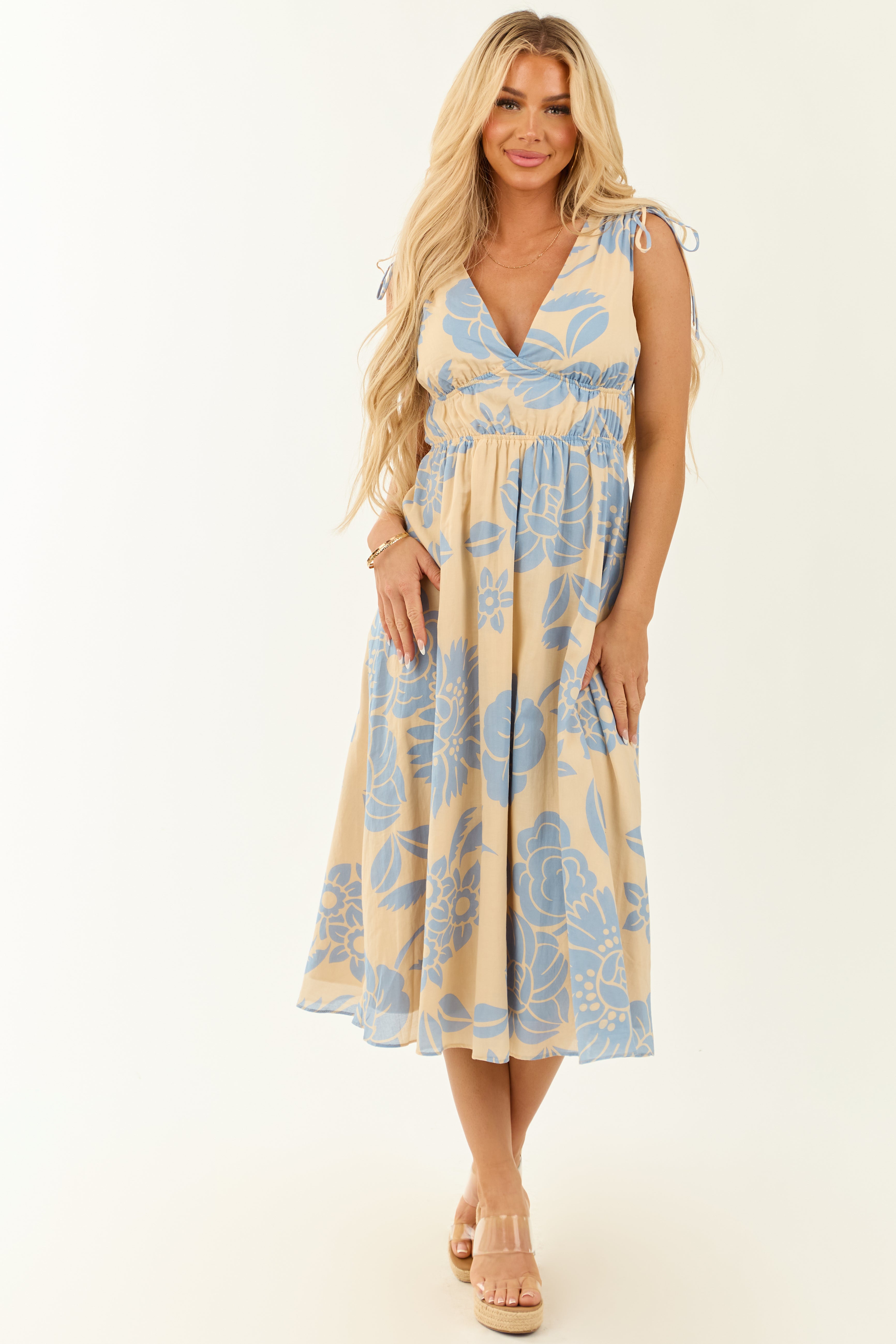 Beige Floral Print V Neck Sleeveless Midi Dress
