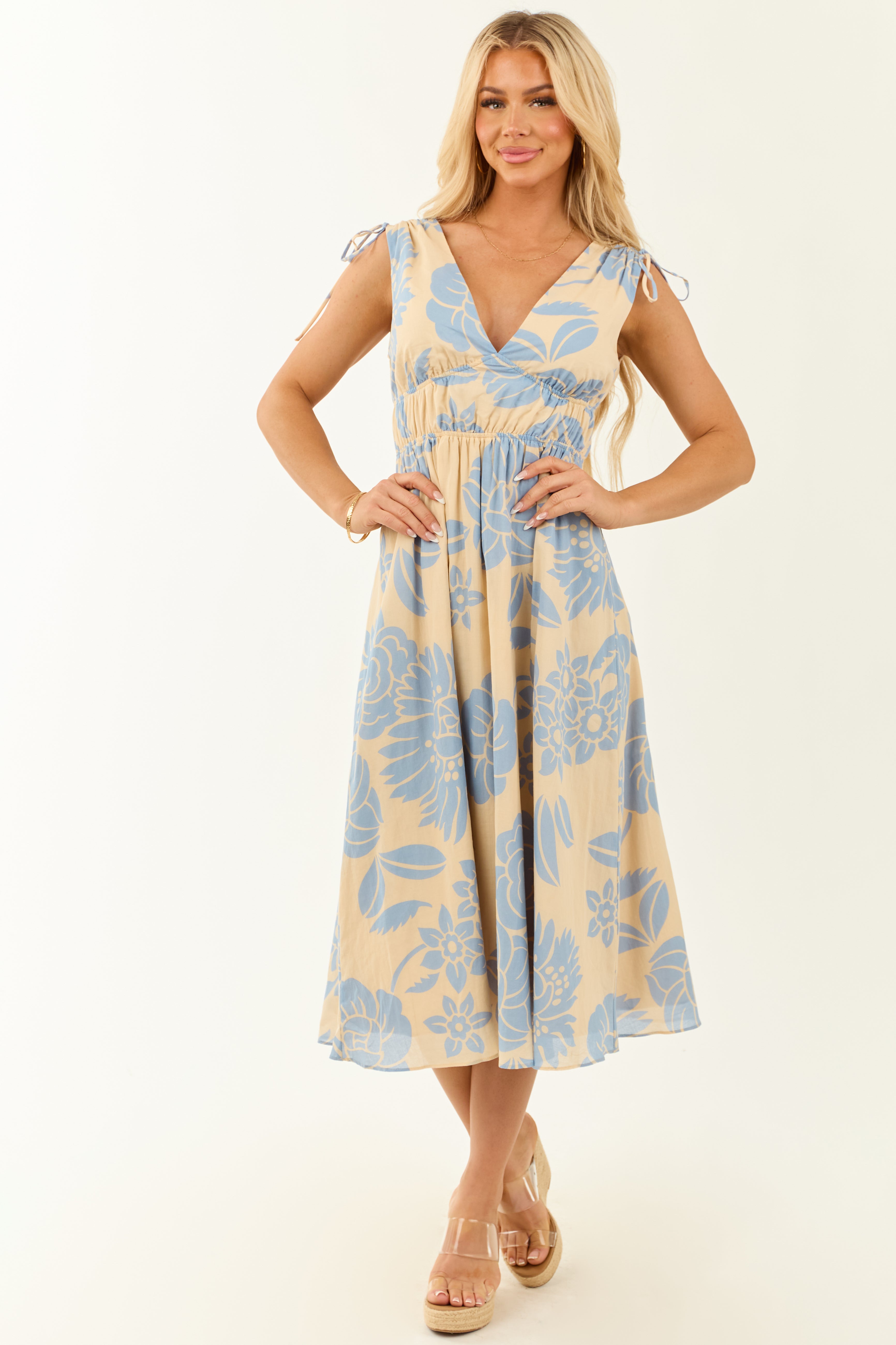 Beige Floral Print V Neck Sleeveless Midi Dress