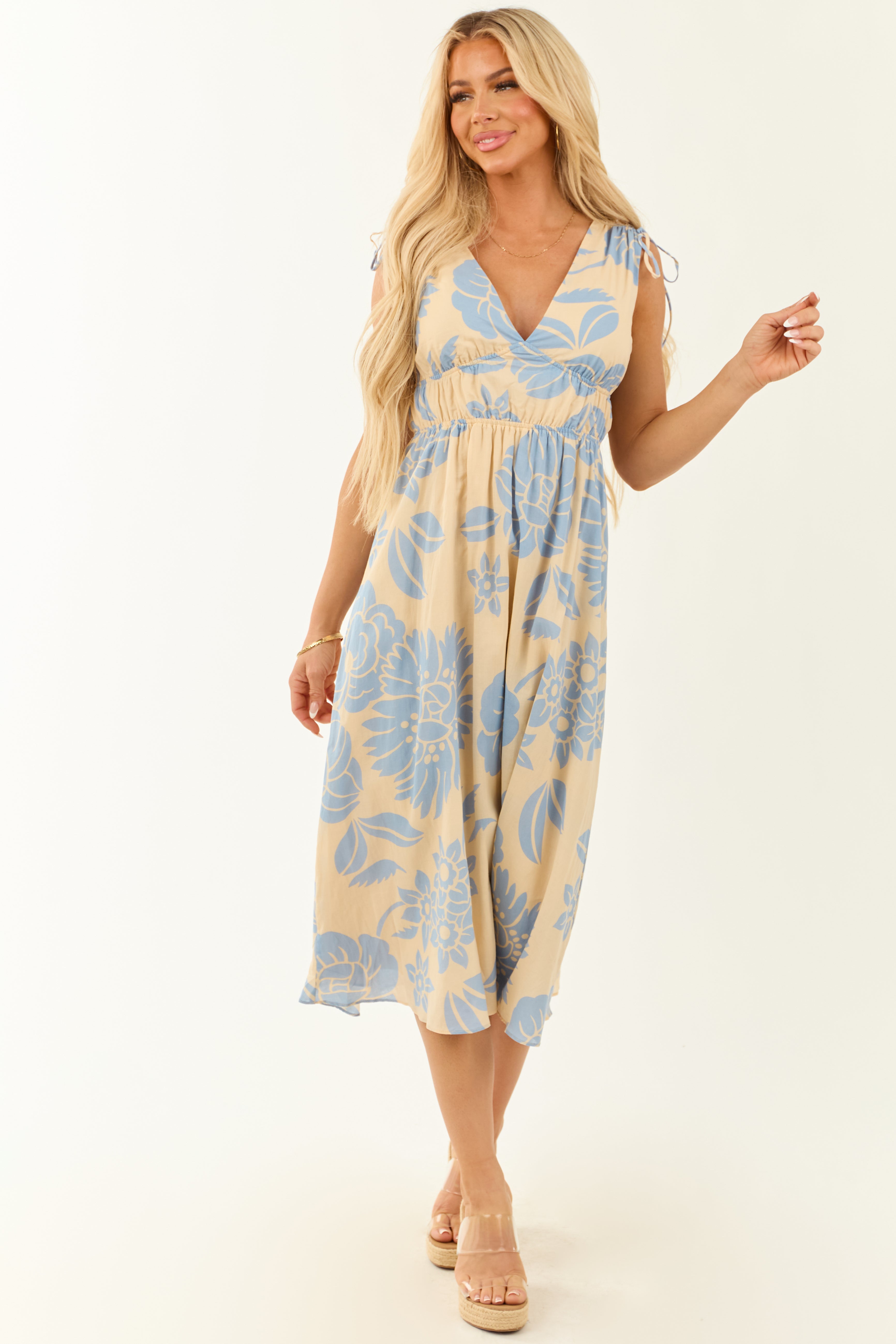 Beige Floral Print V Neck Sleeveless Midi Dress Beige Floral Print V Neck Sleeveless Midi Dress