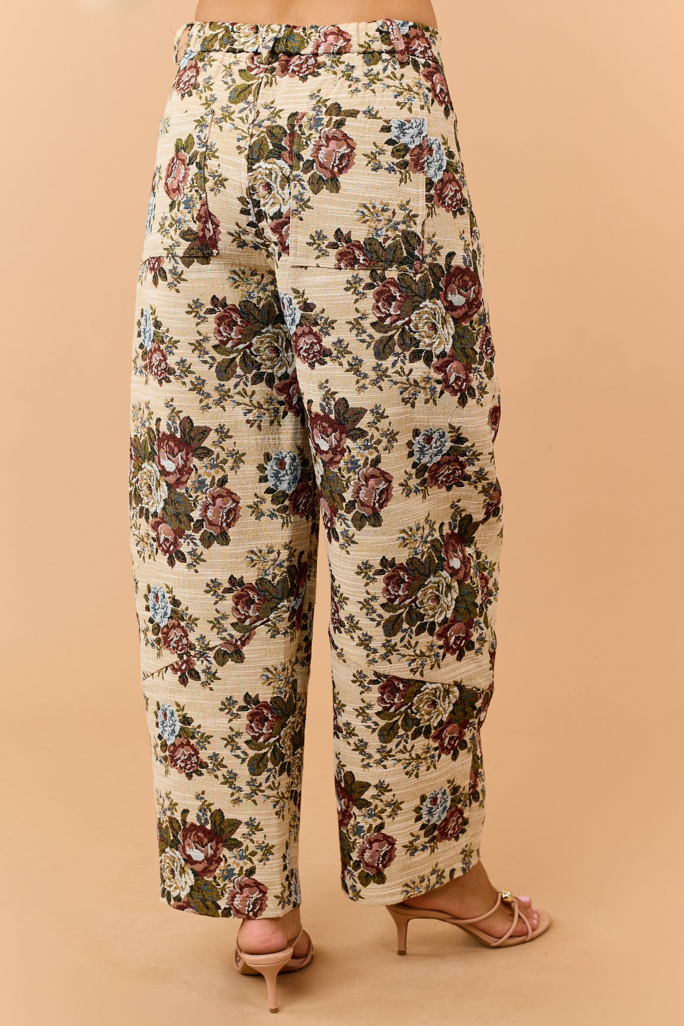 Beige Floral Tapestry Patch Pocket Barrel Pants