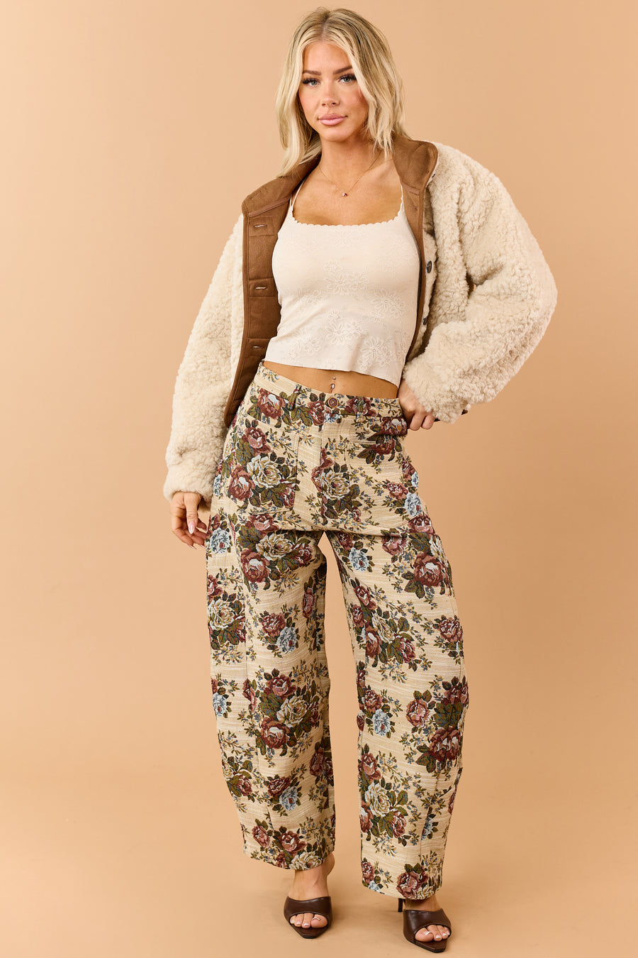 Beige Floral Tapestry Patch Pocket Barrel Pants