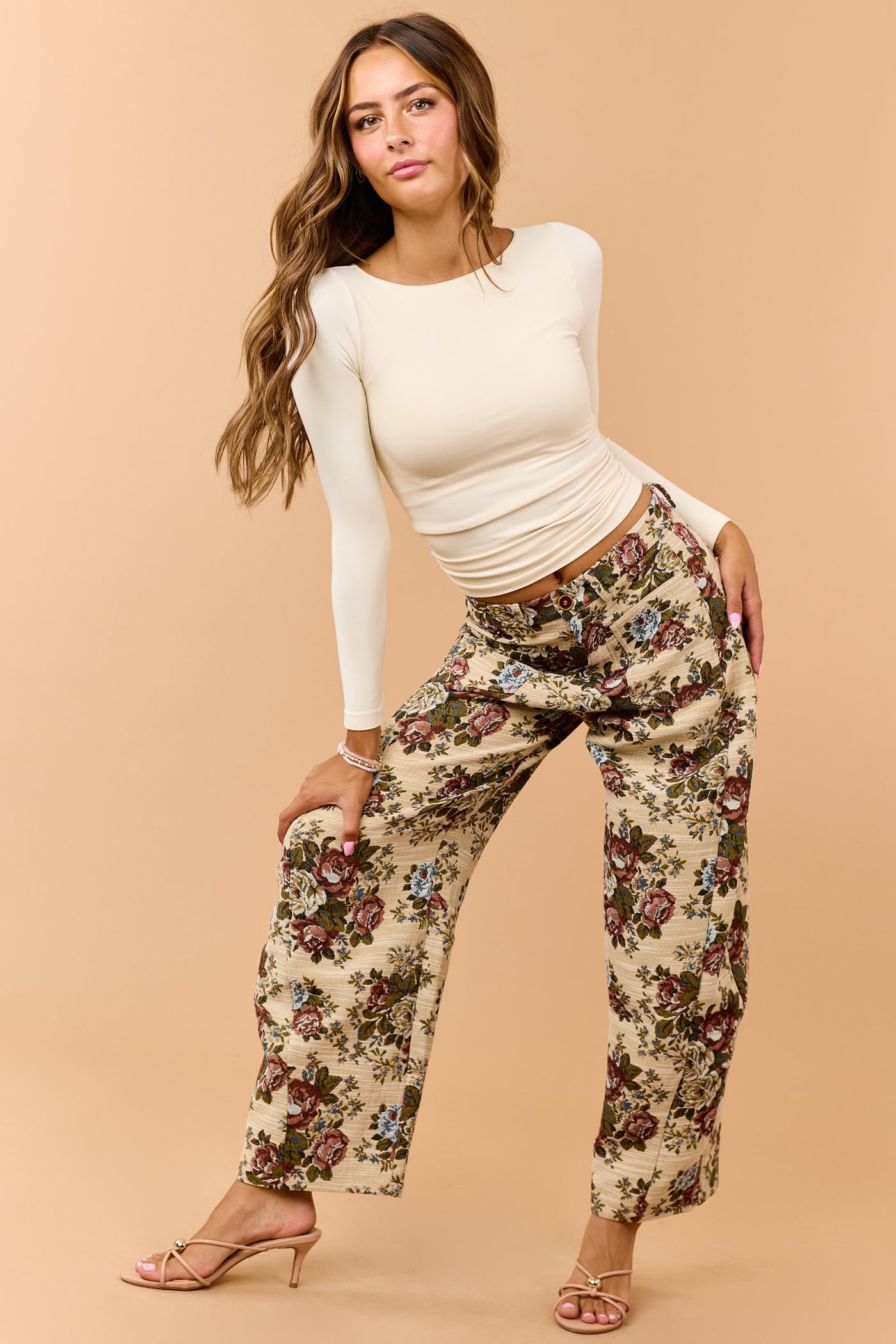 Beige Floral Tapestry Patch Pocket Barrel Pants