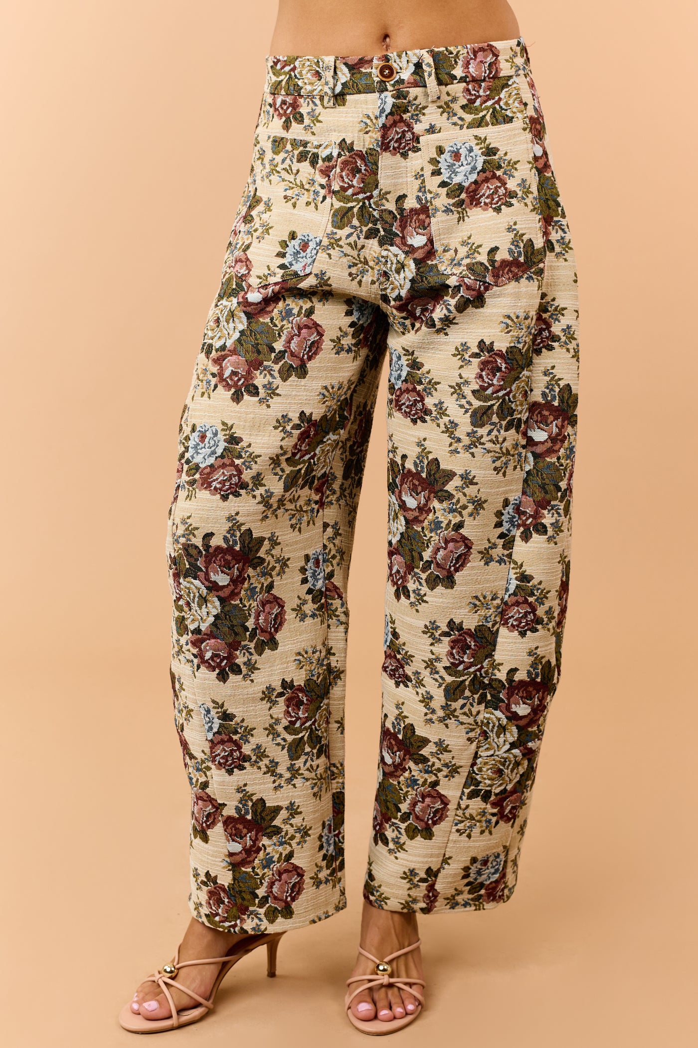 Beige Floral Tapestry Patch Pocket Barrel Pants