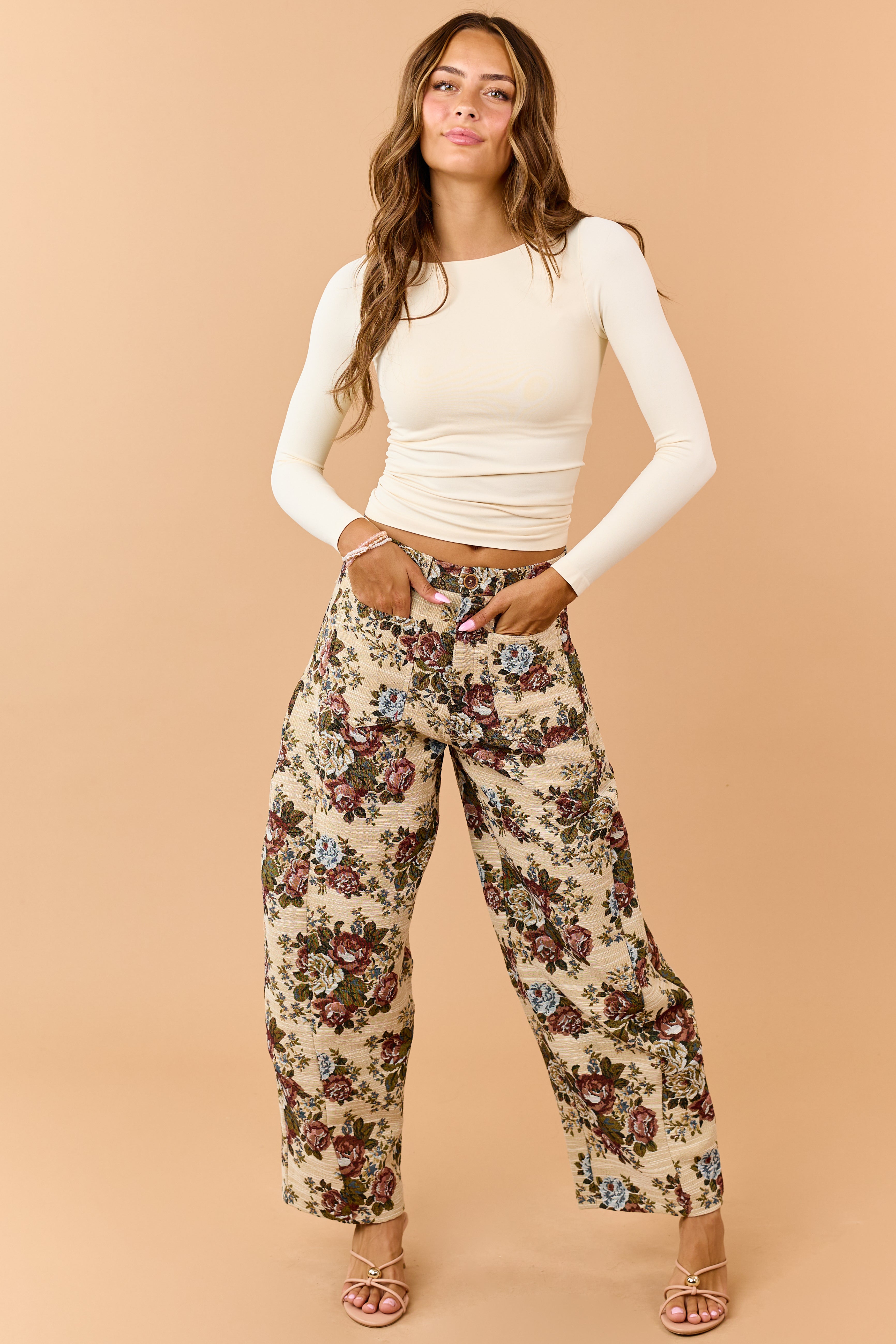 Beige Floral Tapestry Patch Pocket Barrel Pants