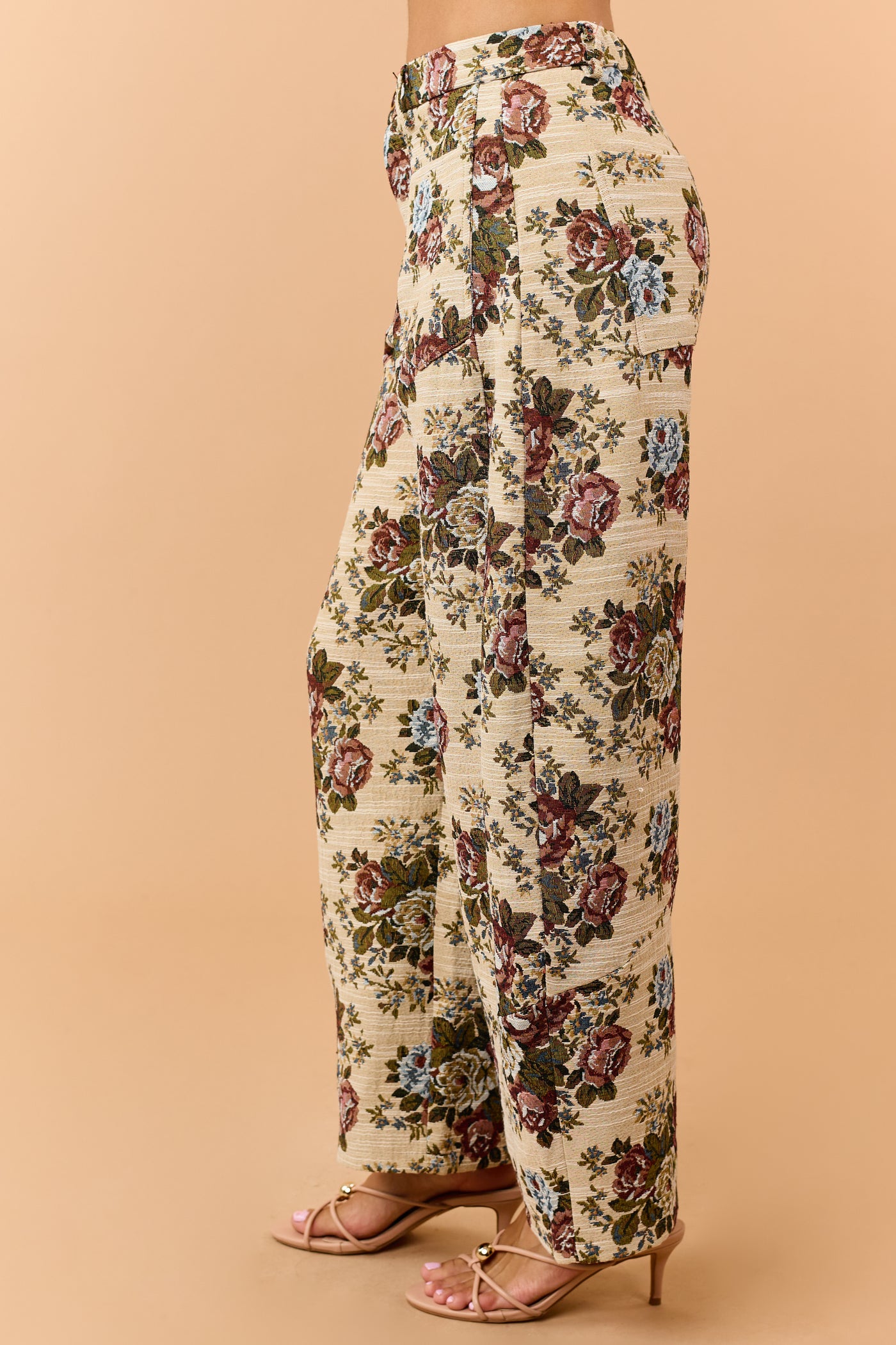 Beige Floral Tapestry Patch Pocket Barrel Pants