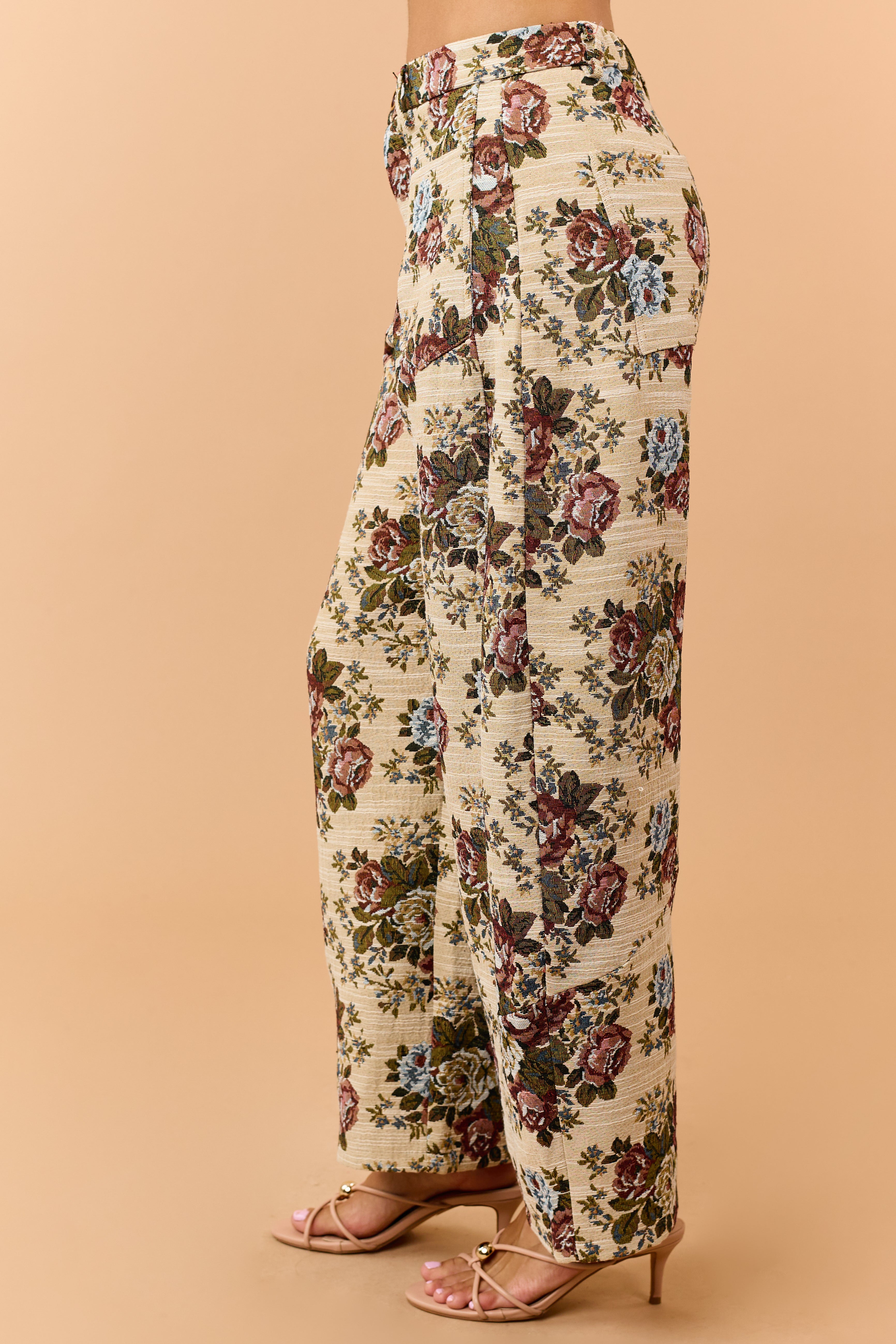 Beige Floral Tapestry Patch Pocket Barrel Pants