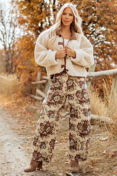 Beige Floral Tapestry Patch Pocket Barrel Pants