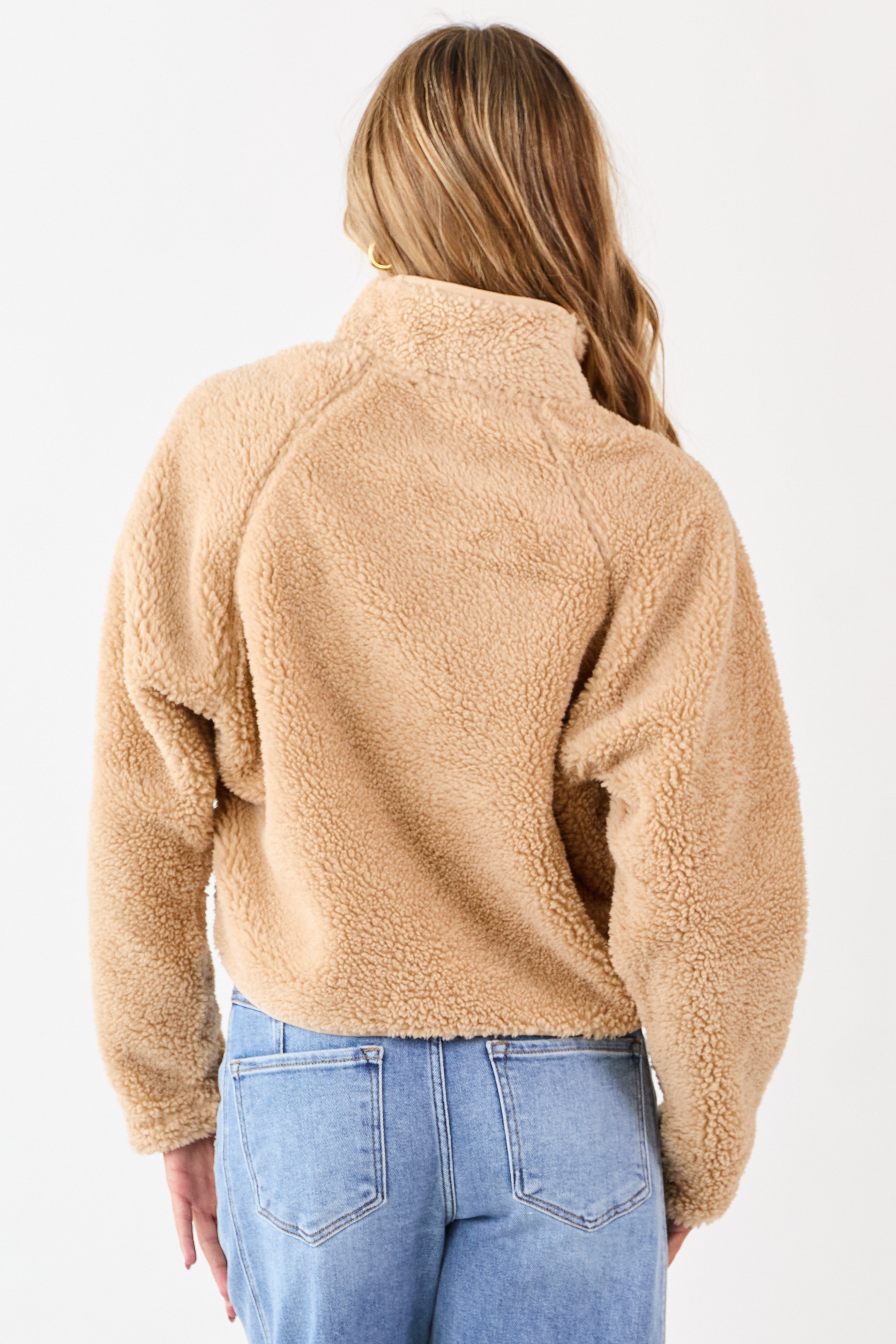 Beige Half Snap Button Sherpa Pullover Jacket