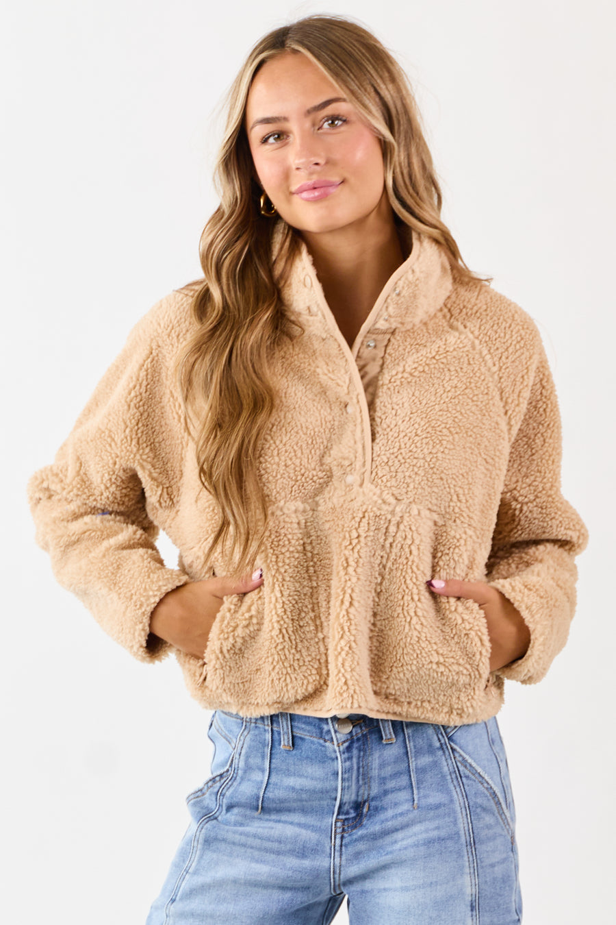 Beige Half Snap Button Sherpa Pullover Jacket