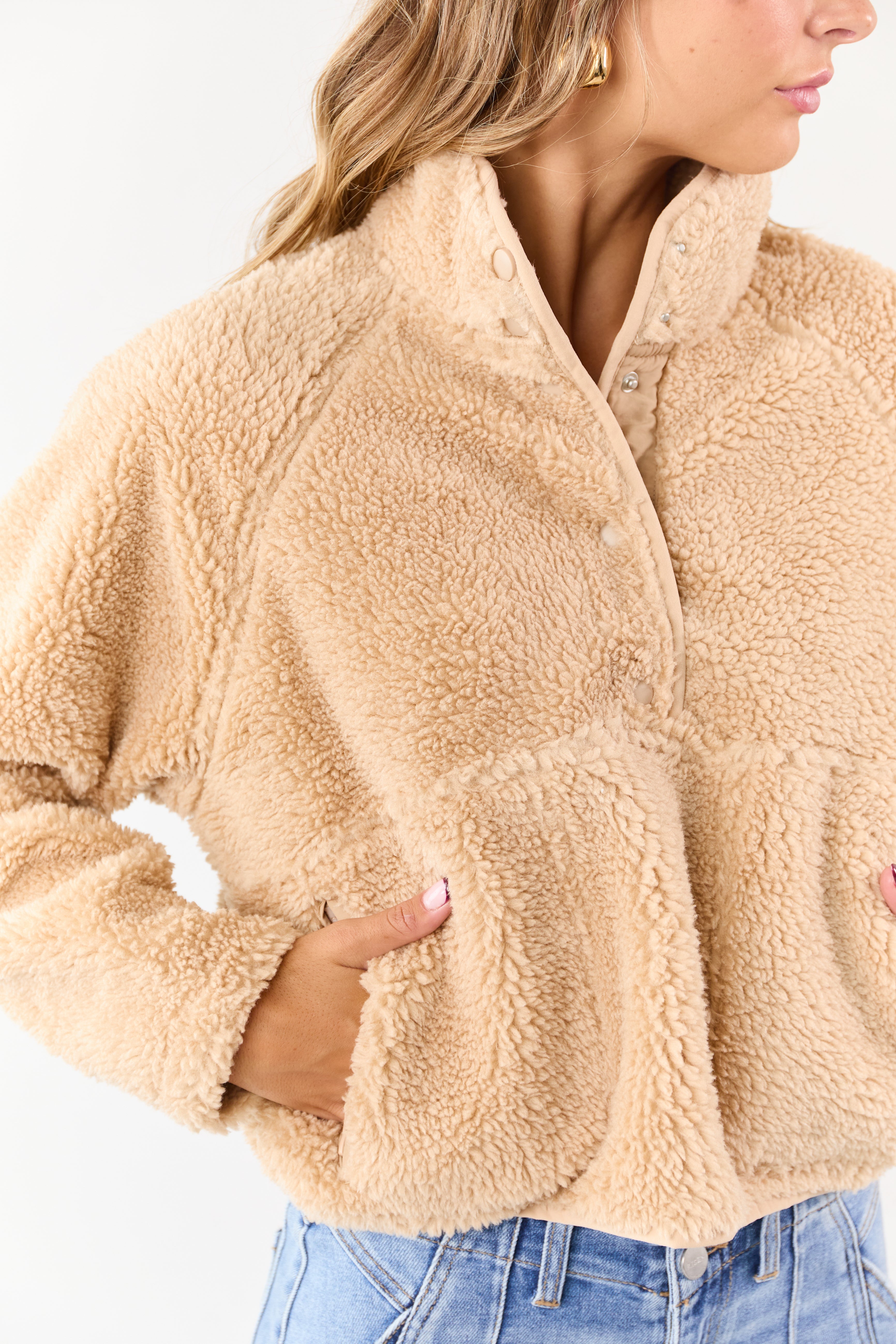 Beige Half Snap Button Sherpa Pullover Jacket