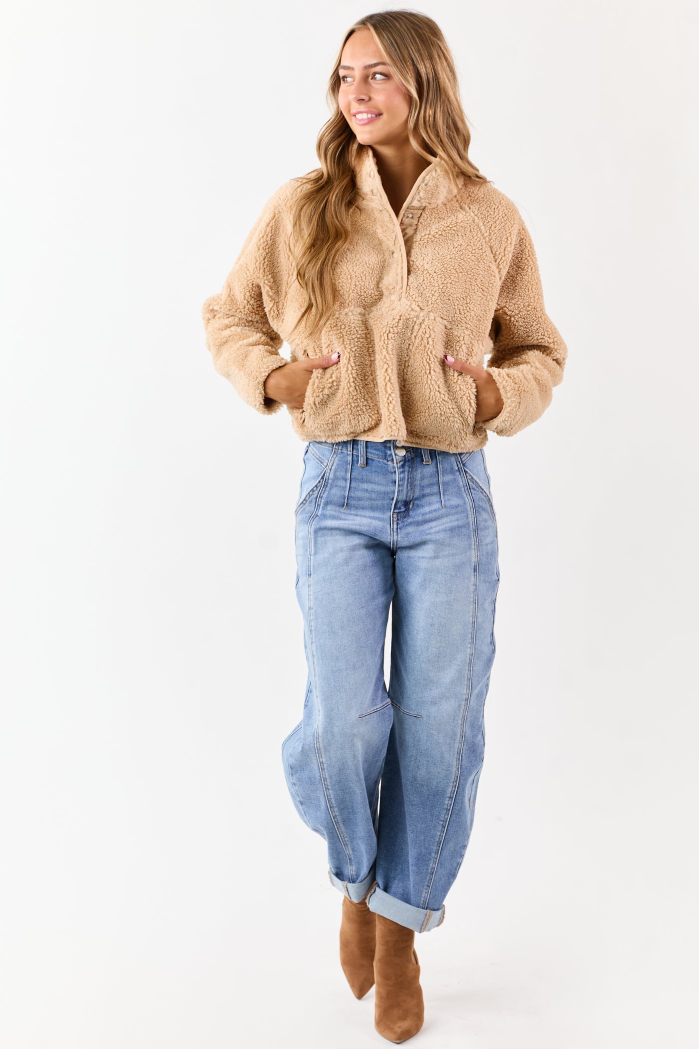Beige Half Snap Button Sherpa Pullover Jacket