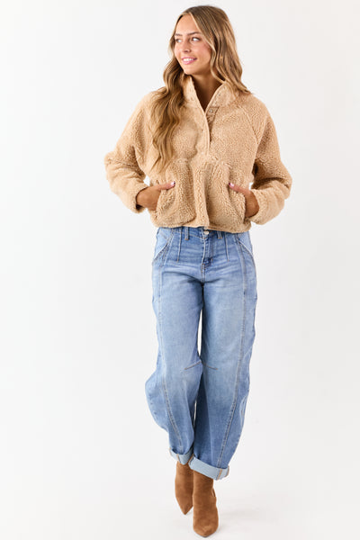 Beige Half Snap Button Sherpa Pullover Jacket