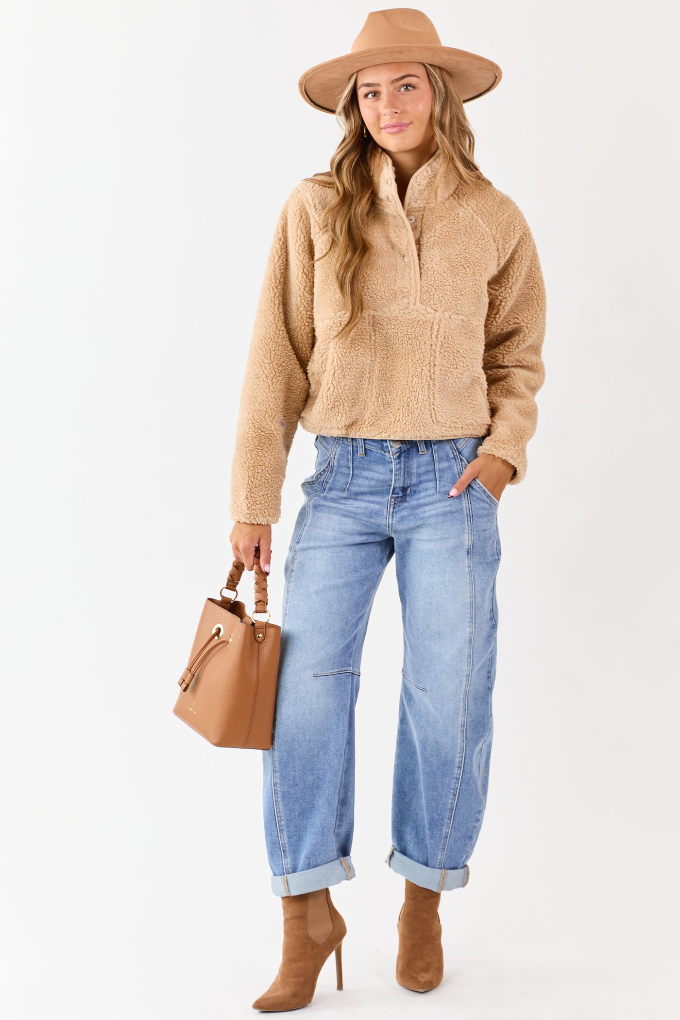 Beige Half Snap Button Sherpa Pullover Jacket