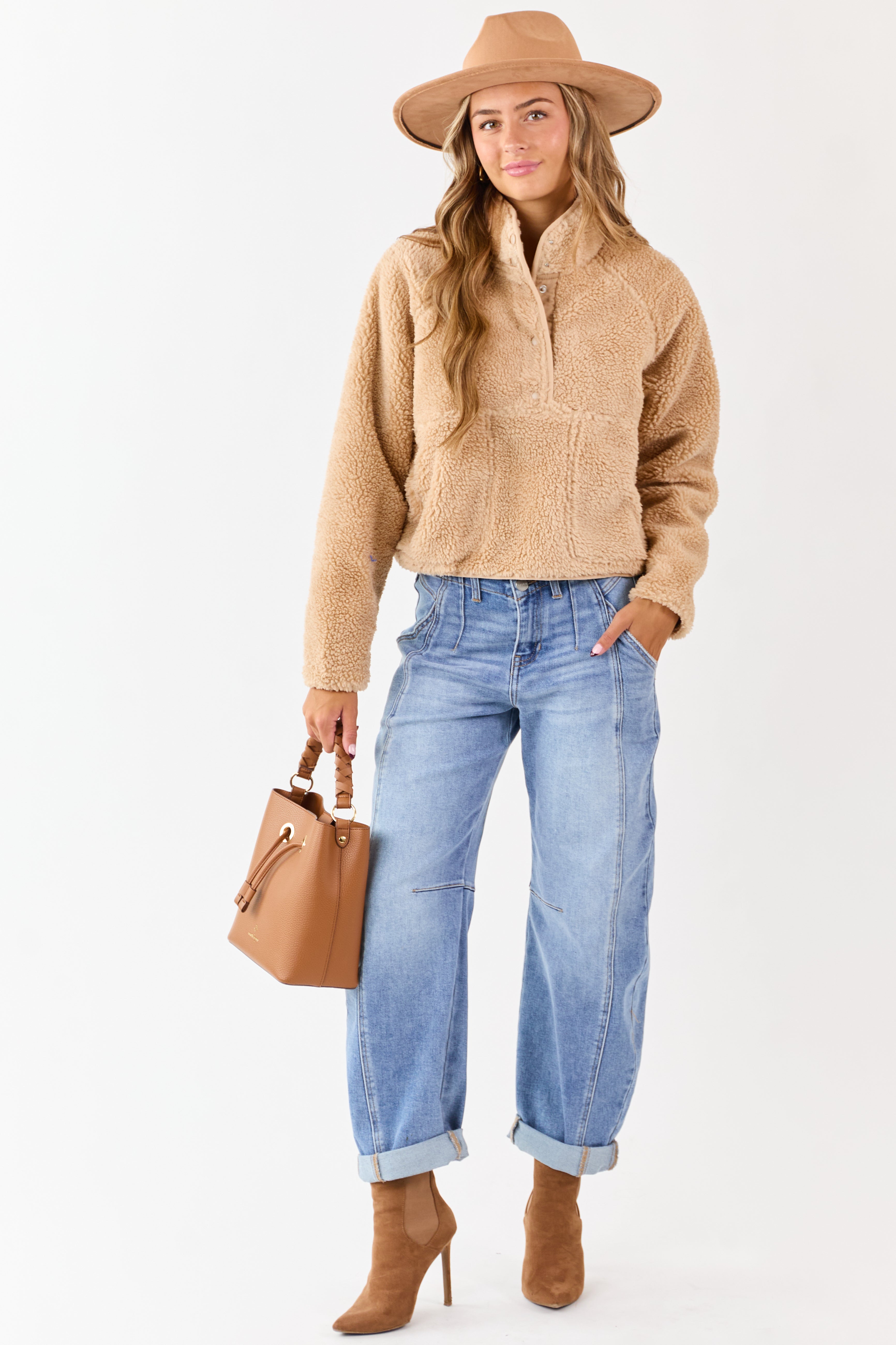 Beige Half Snap Button Sherpa Pullover Jacket