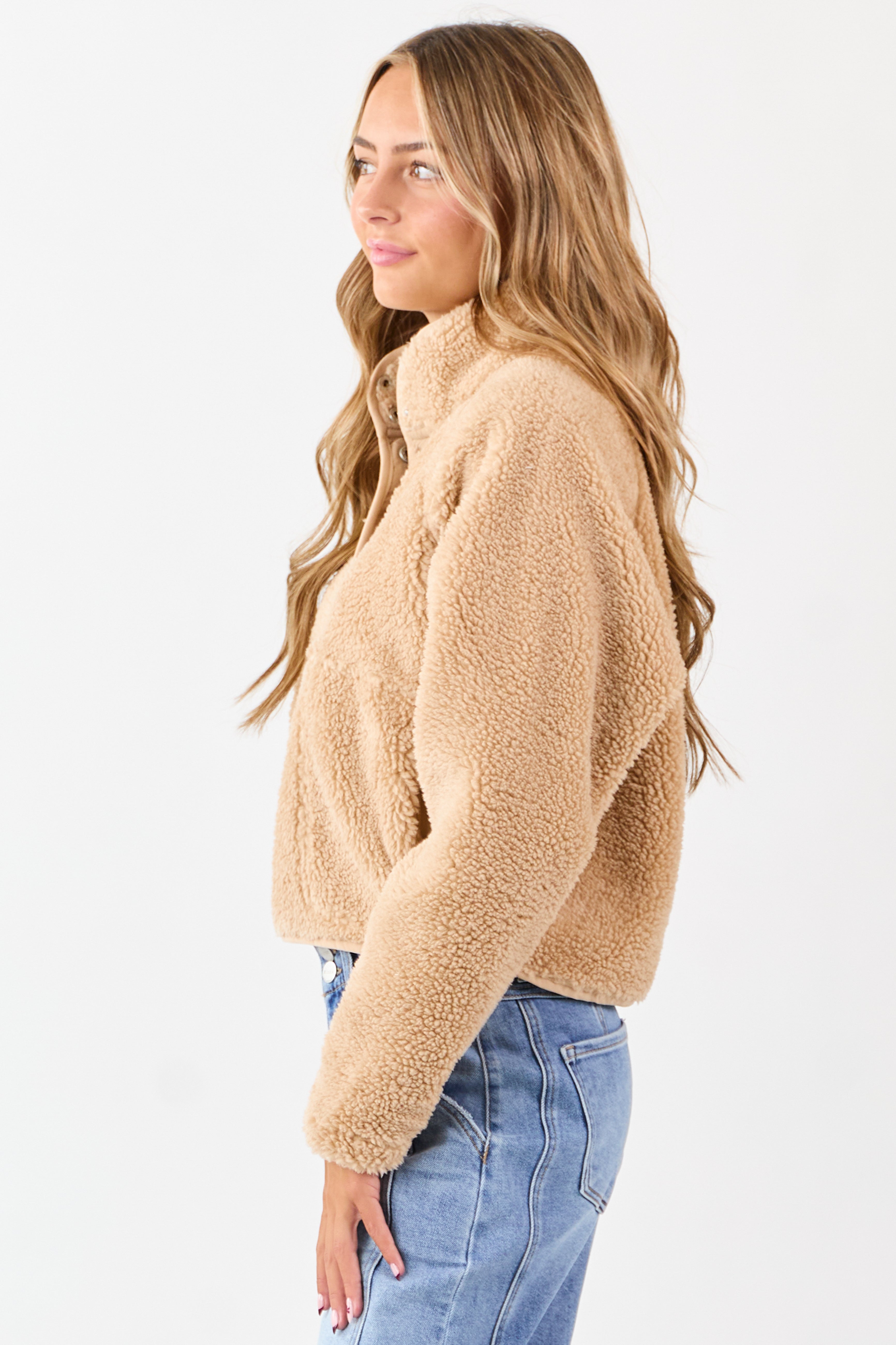 Beige Half Snap Button Sherpa Pullover Jacket