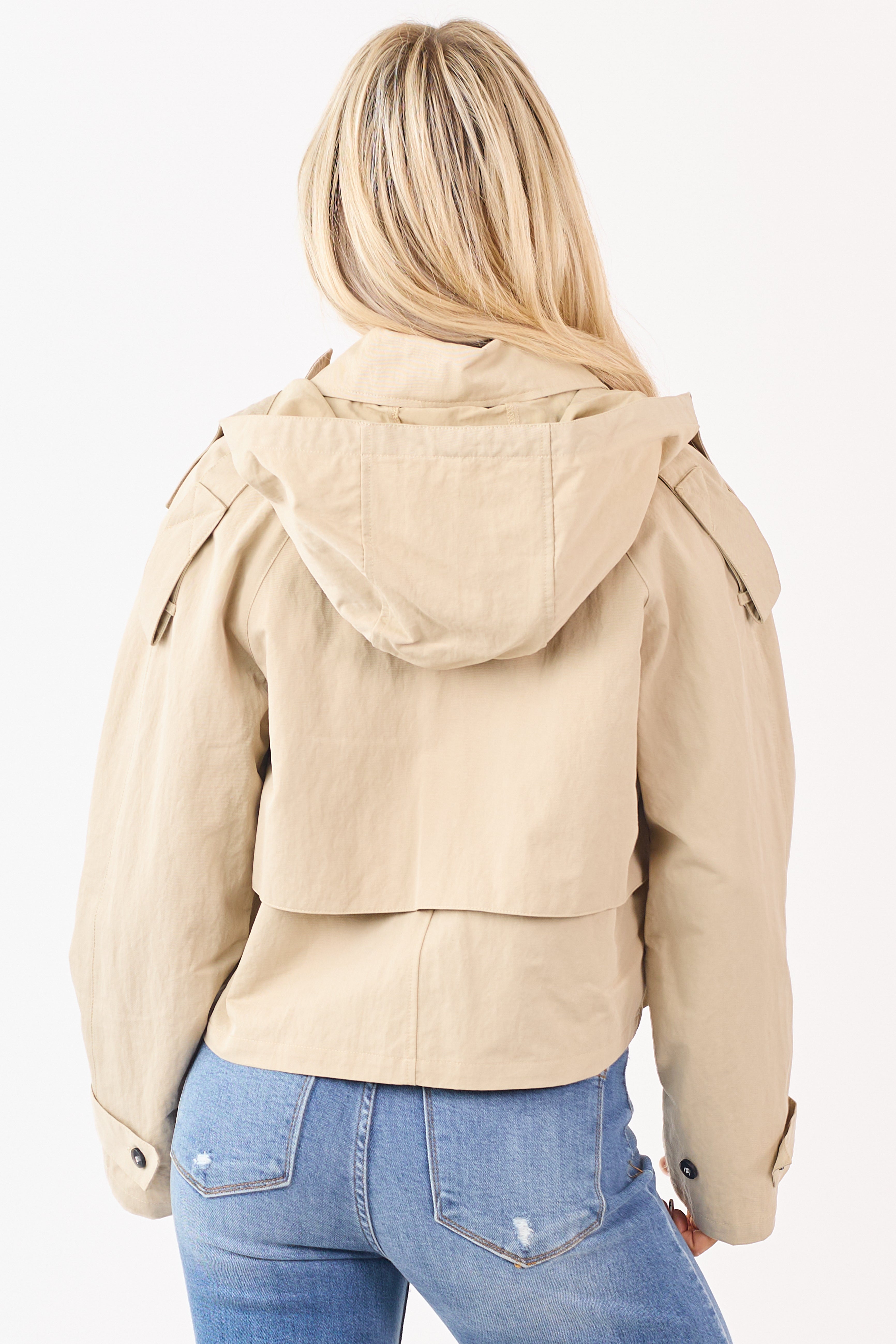 Beige Hooded Doubled Breasted Trench Jacket