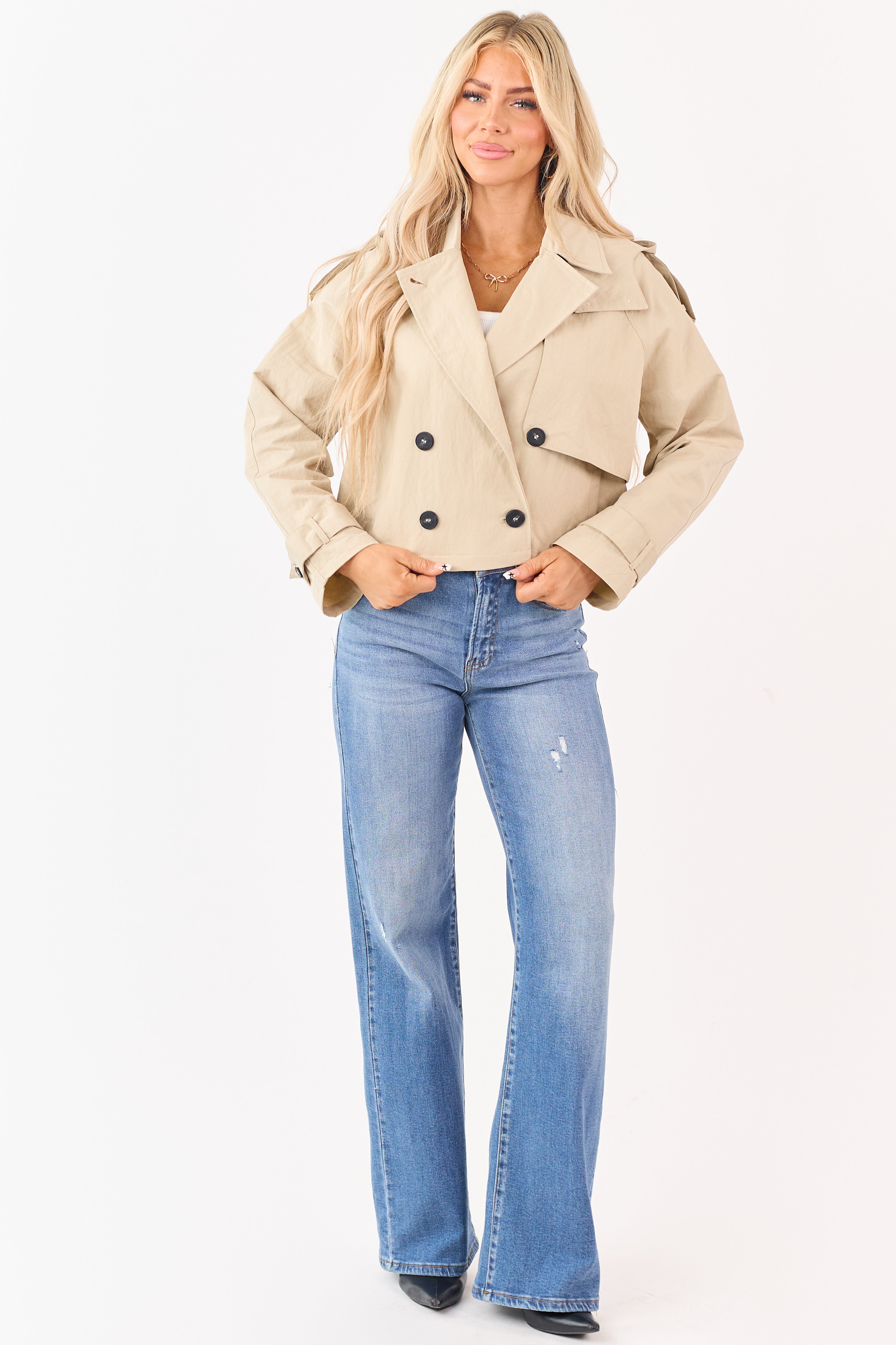 Beige Hooded Doubled Breasted Trench Jacket