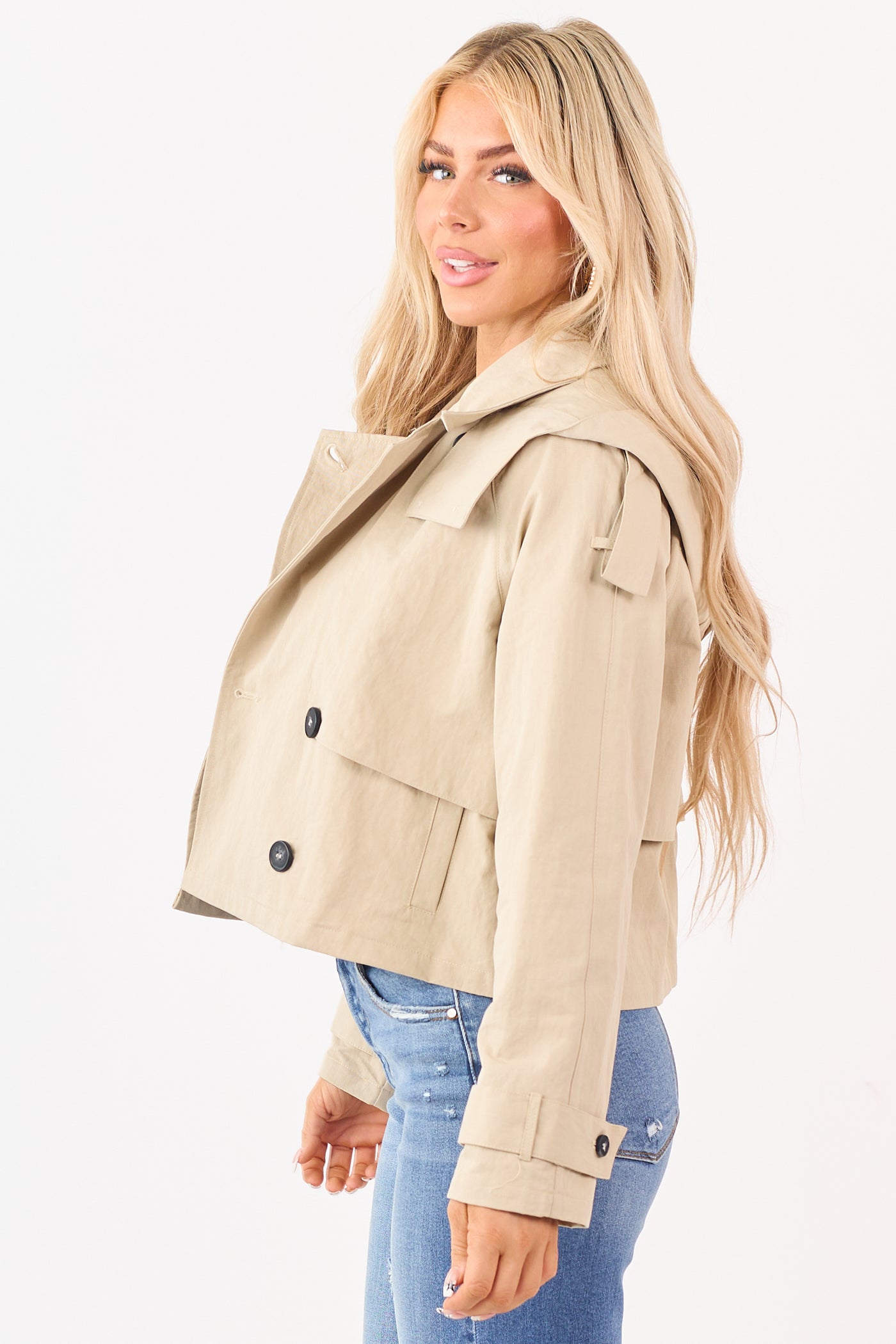 Beige Hooded Doubled Breasted Trench Jacket