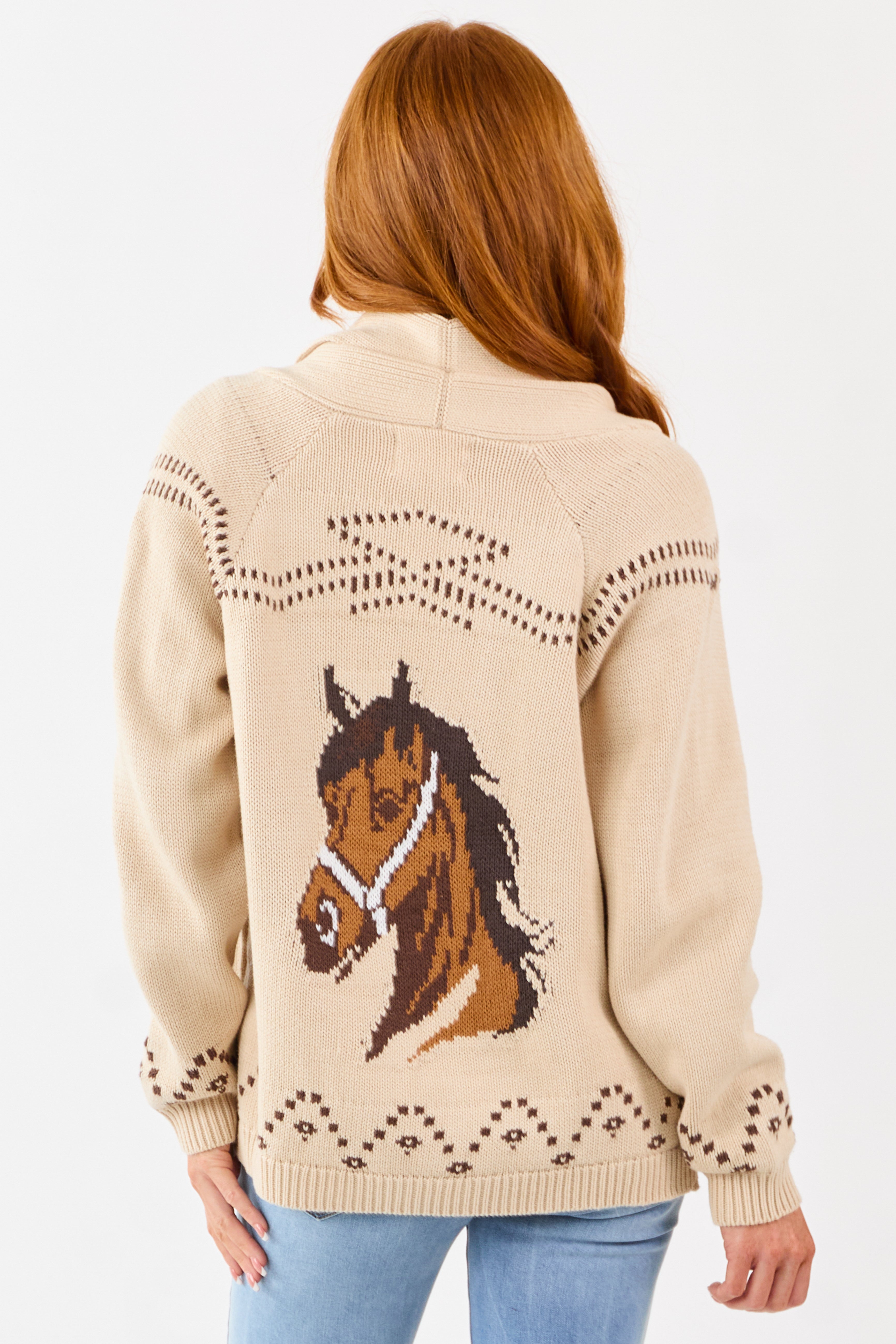 Beige Horse Graphic Shawl Collar Open Front Cardigan