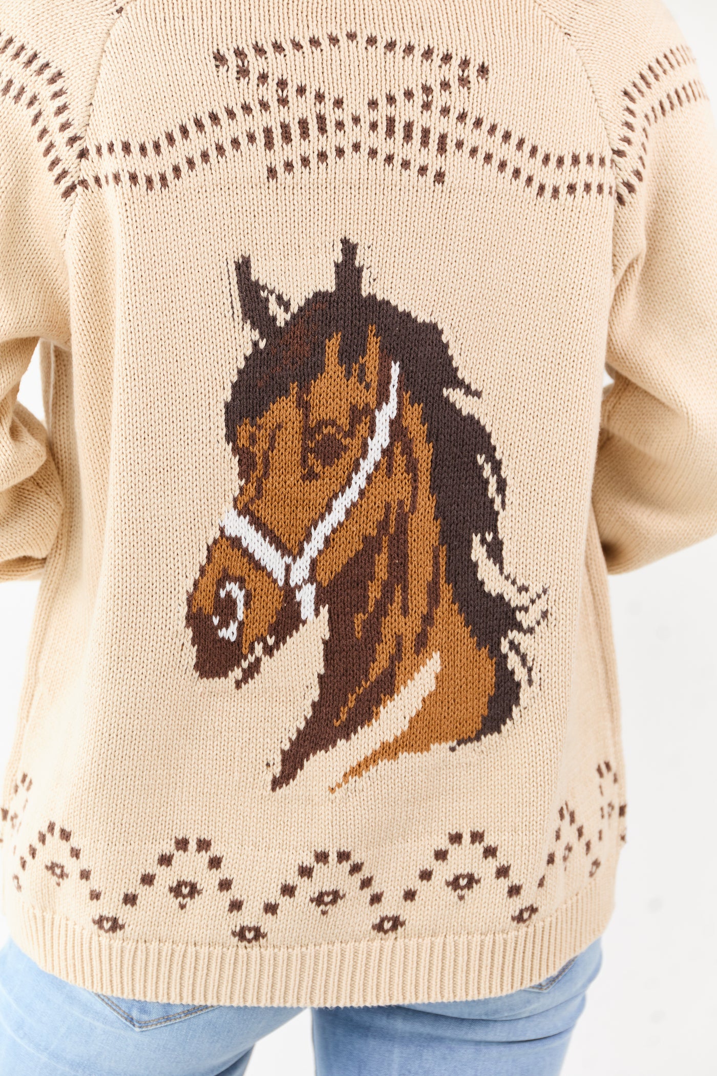 Beige Horse Graphic Shawl Collar Open Front Cardigan
