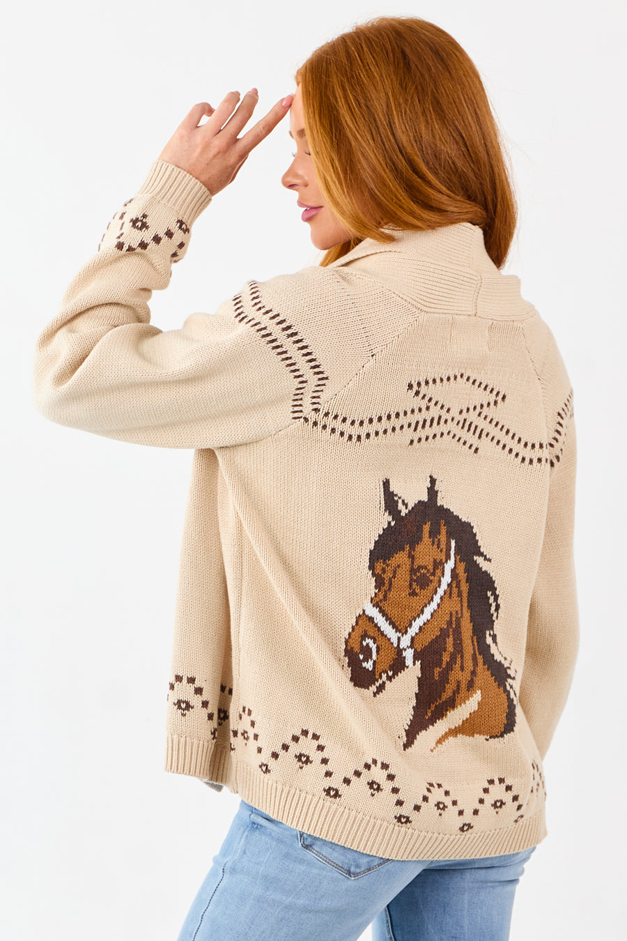 Beige Horse Graphic Shawl Collar Open Front Cardigan