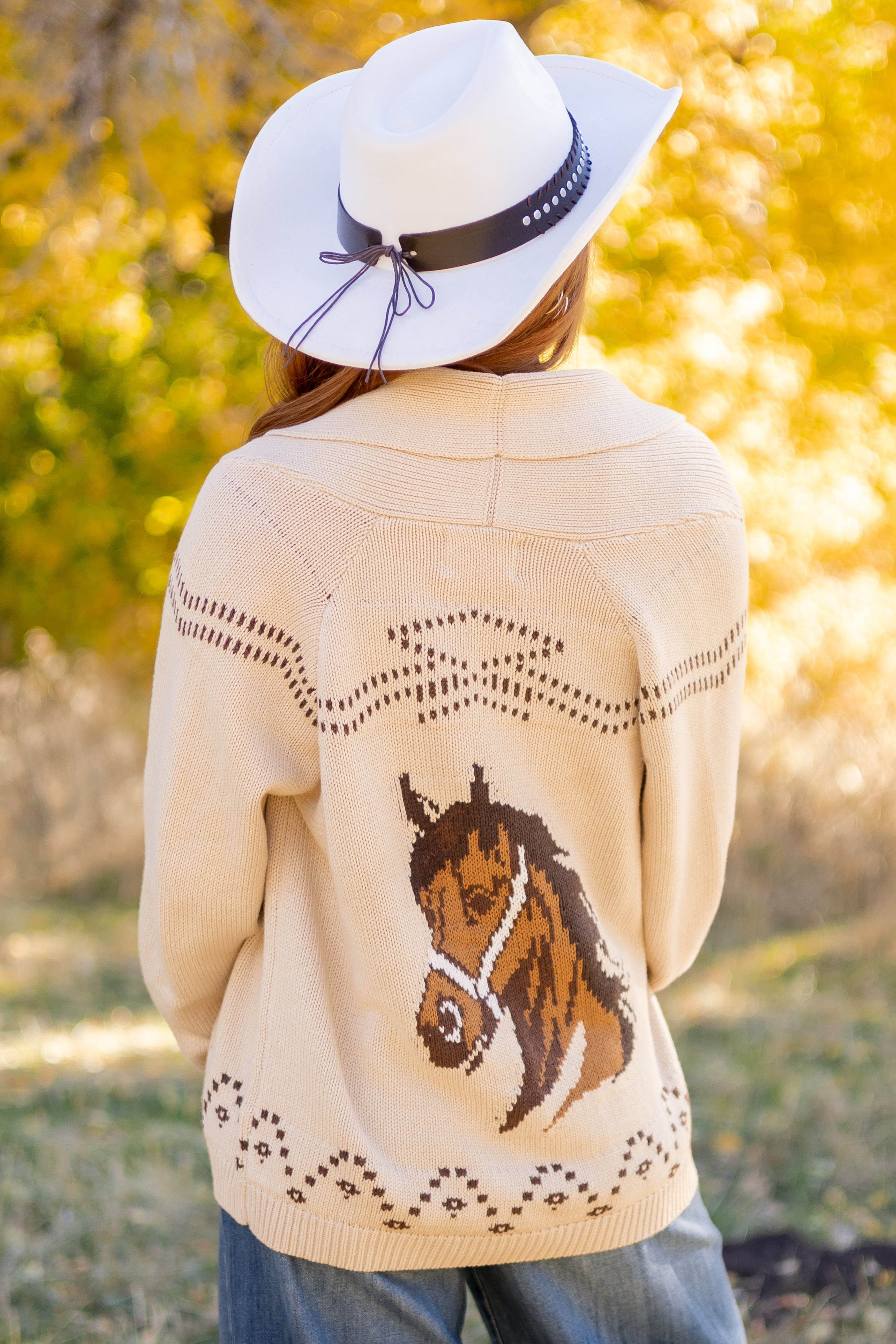 Beige Horse Graphic Shawl Collar Open Front Cardigan