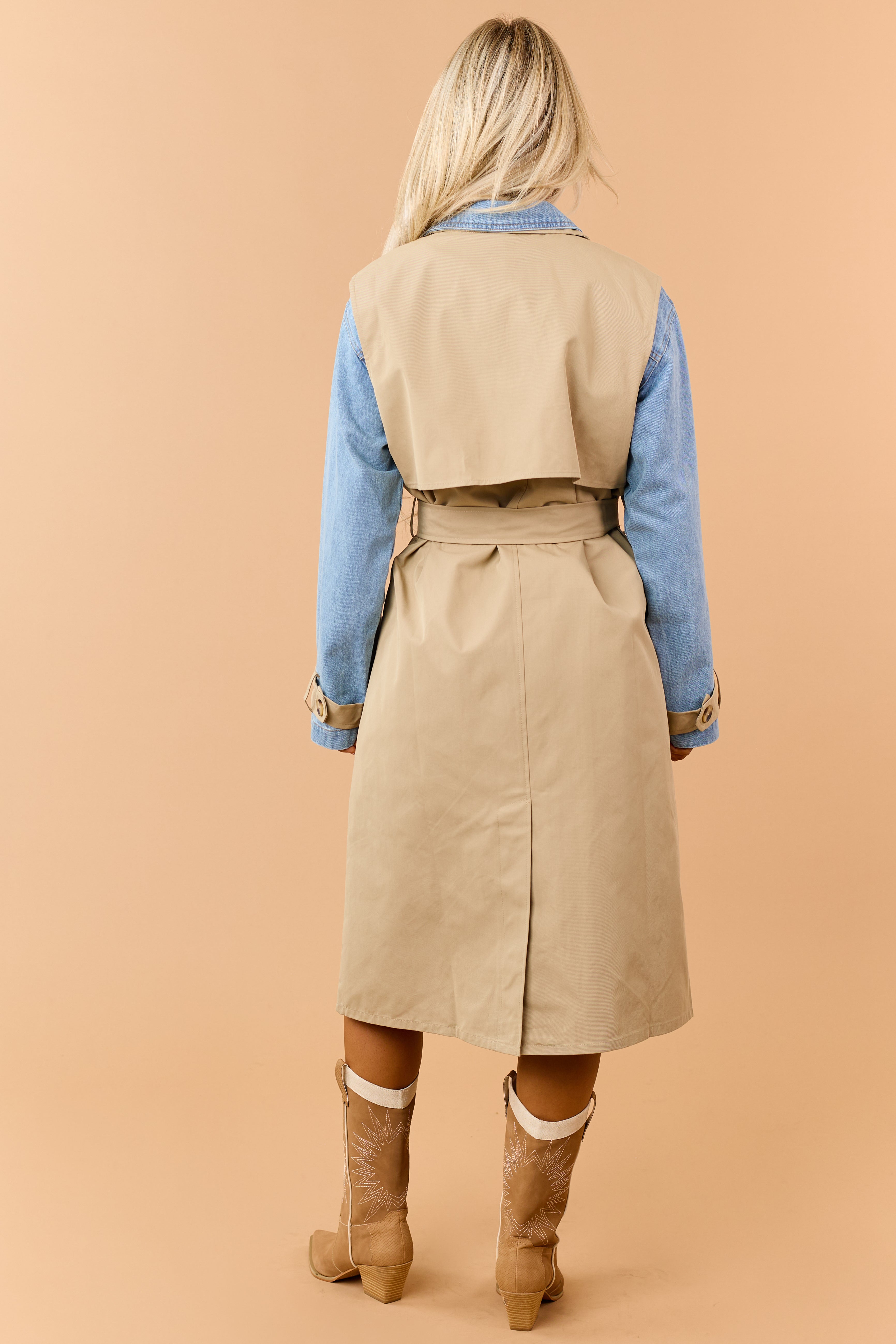Beige Layered Trench Coat with Denim Jacket | Lime Lush Boutique