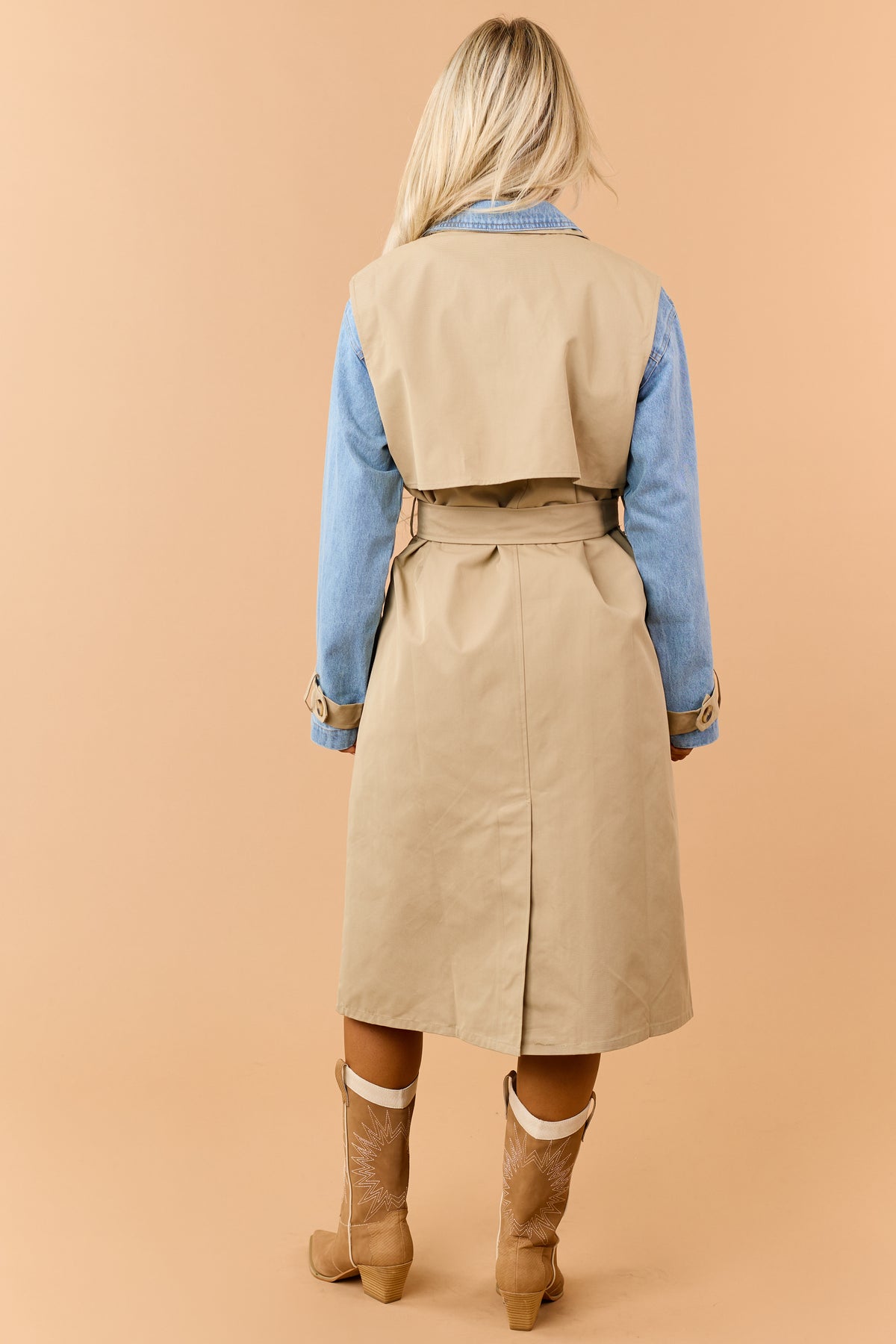 Beige Layered Trench Coat with Denim Jacket