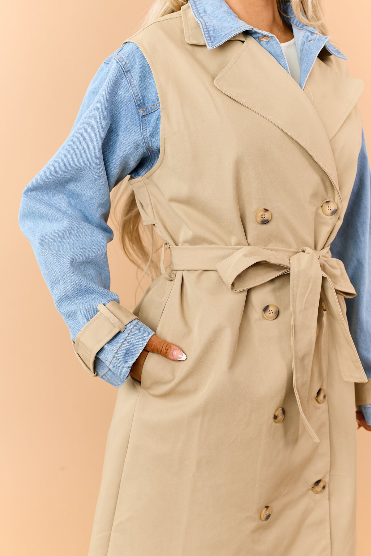 Beige Layered Trench Coat with Denim Jacket
