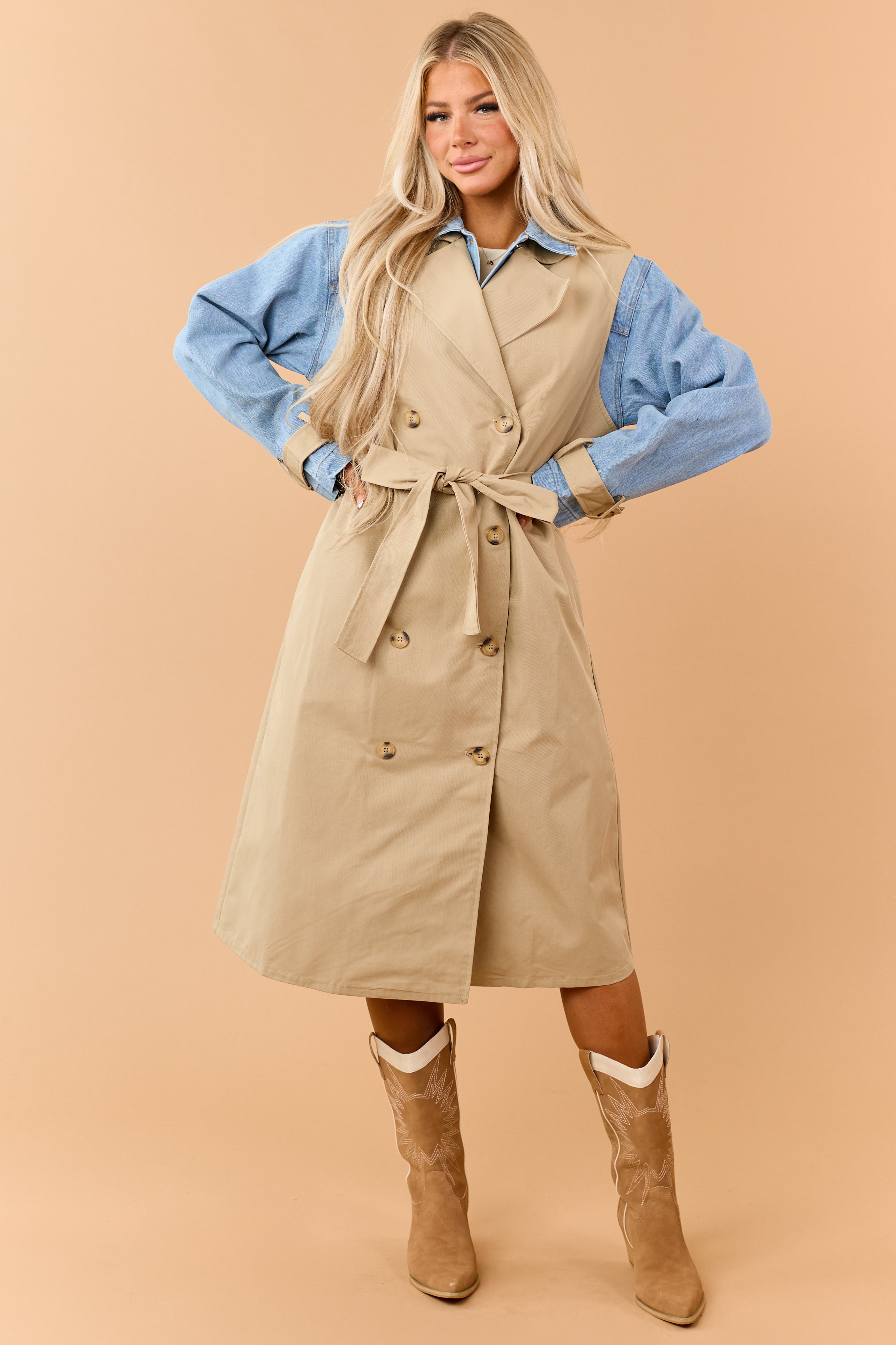 Beige Layered Trench Coat with Denim Jacket | Lime Lush Boutique
