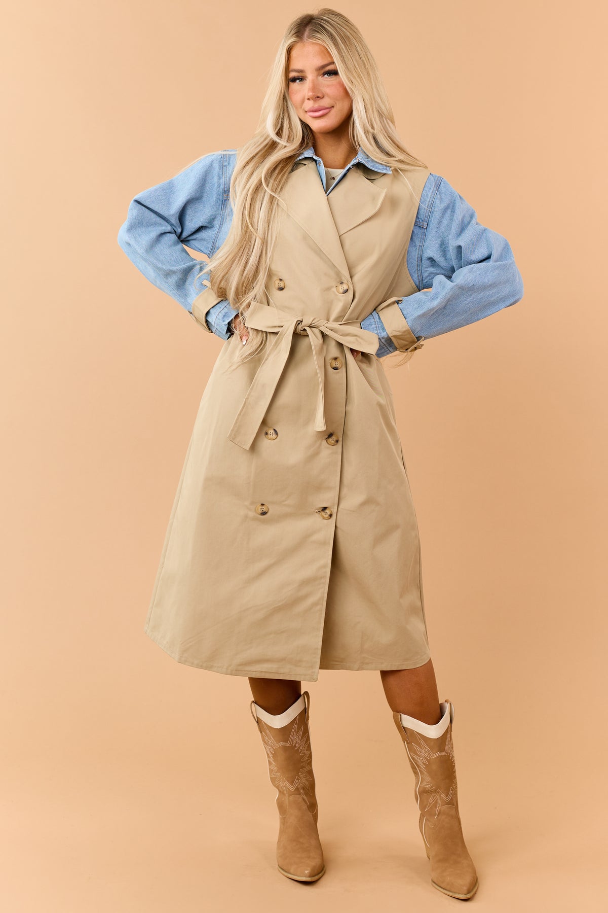 Beige Layered Trench Coat with Denim Jacket