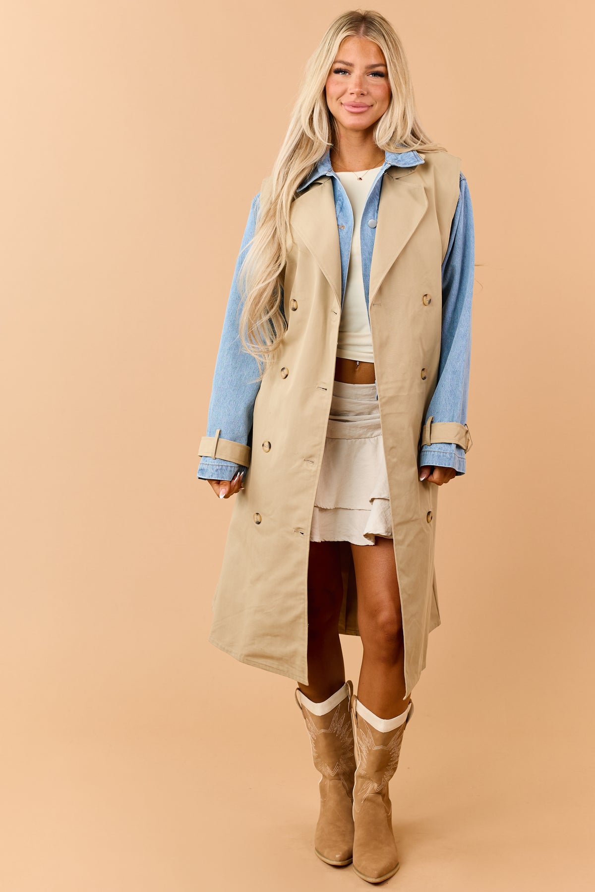 Beige Layered Trench Coat with Denim Jacket