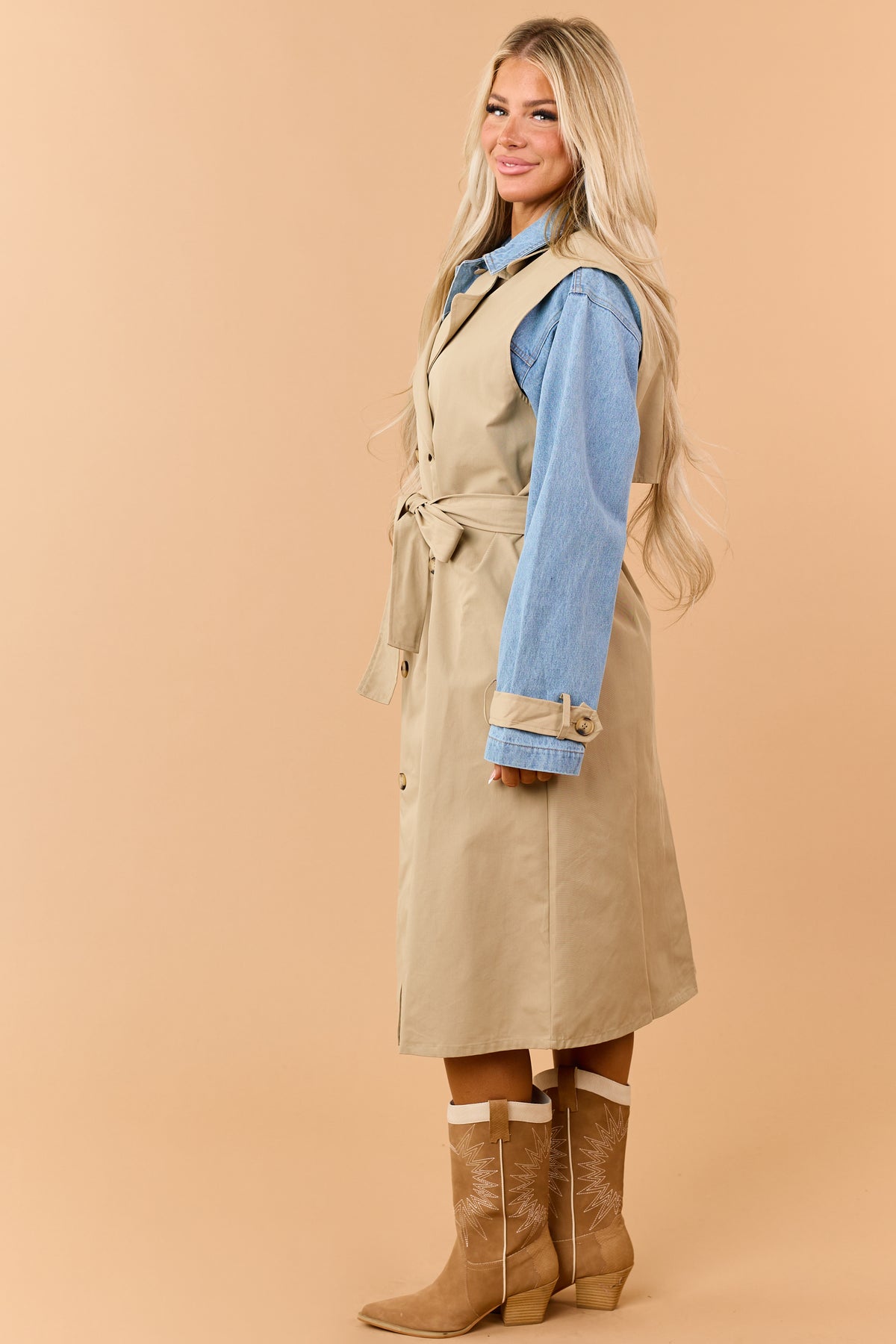 Beige Layered Trench Coat with Denim Jacket