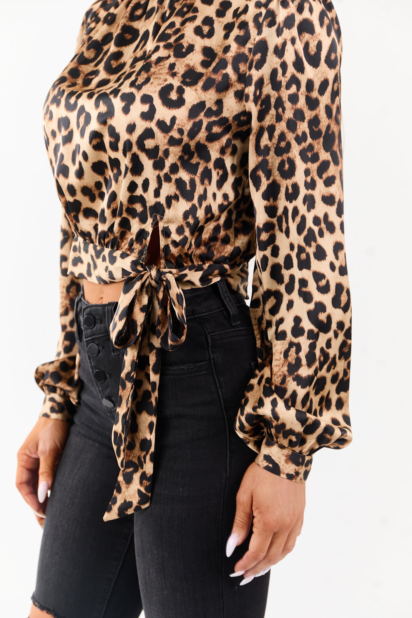 Beige Leopard Print Front Tie Smocked Neck Top