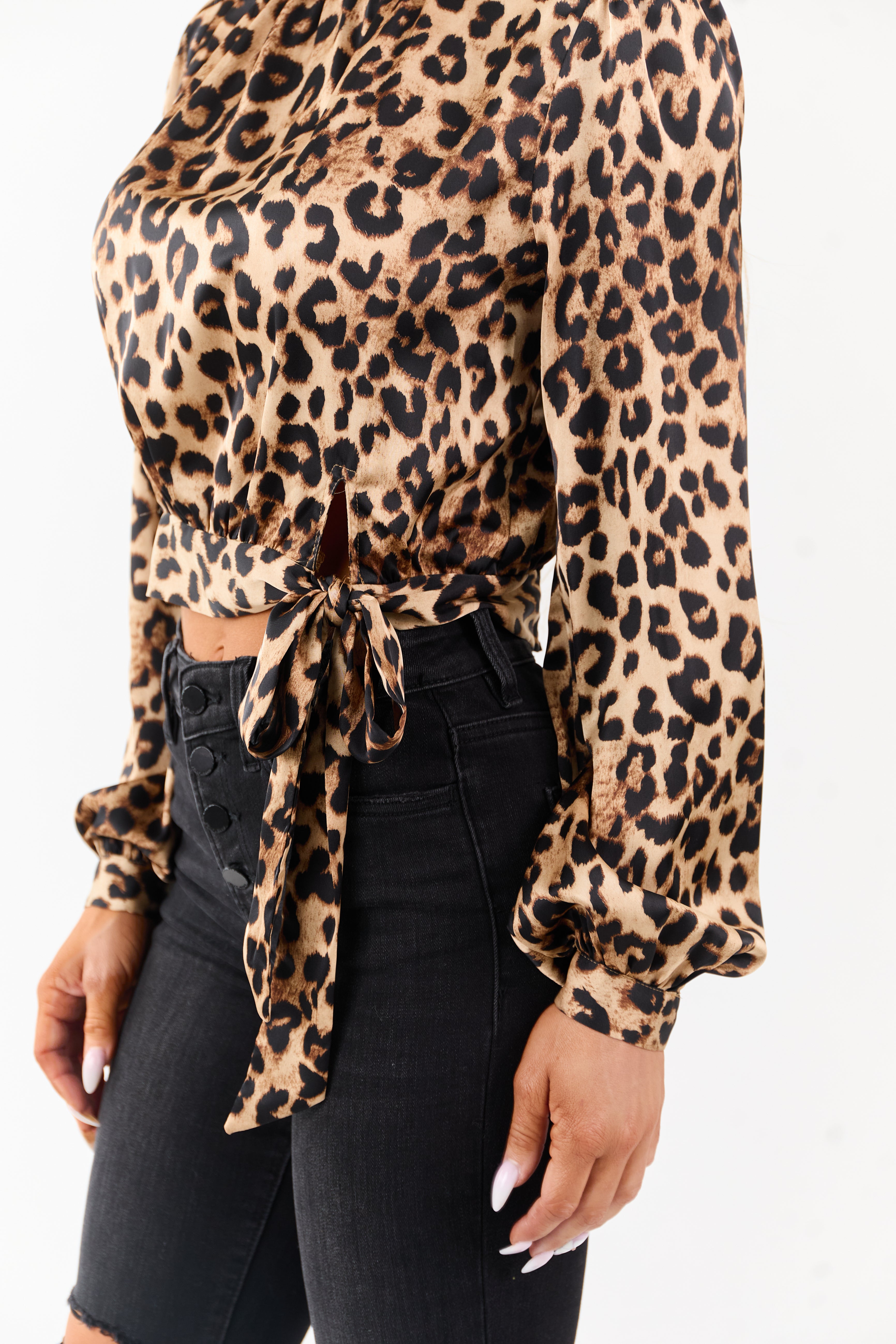 Beige Leopard Print Front Tie Smocked Neck Top