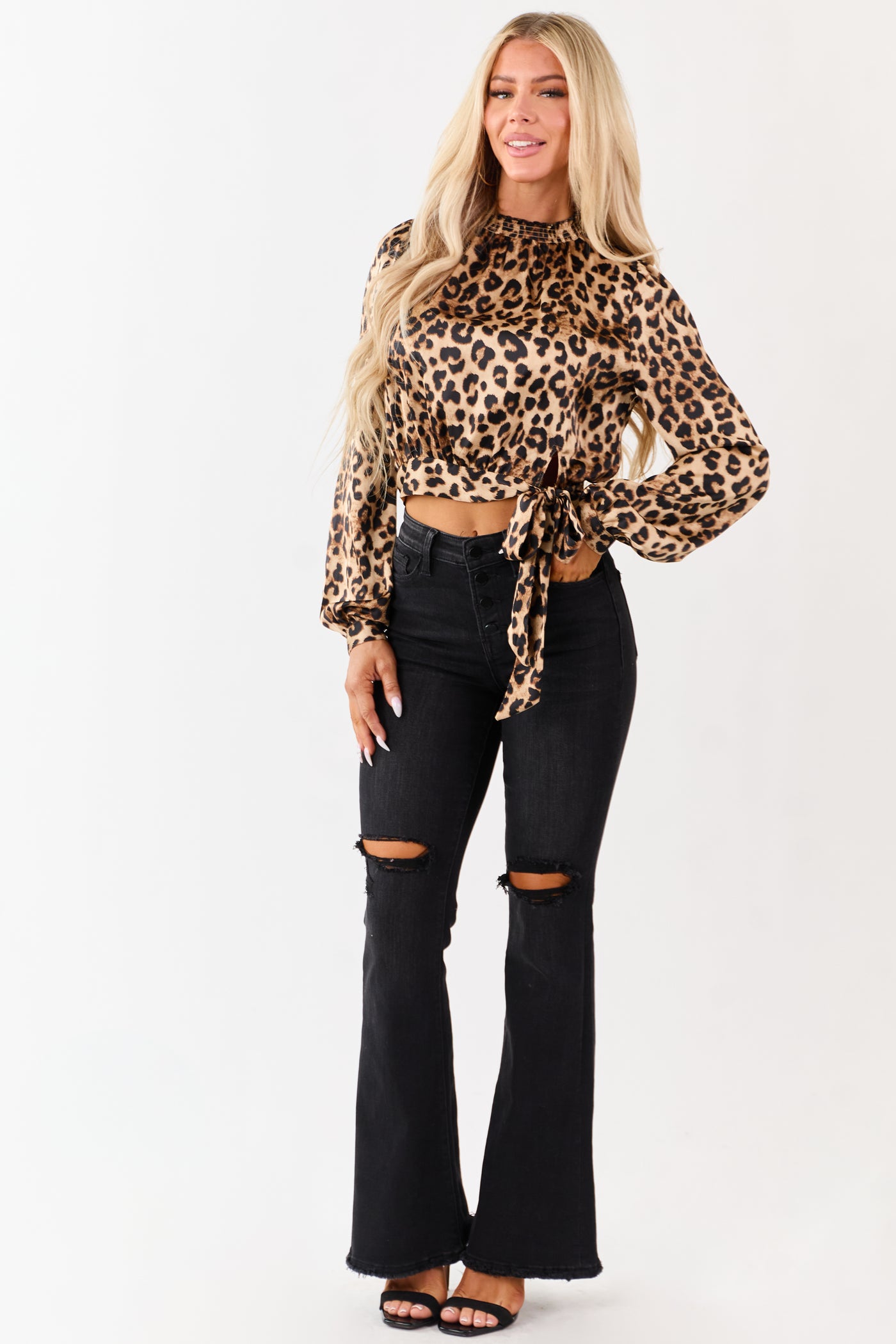 Beige Leopard Print Front Tie Smocked Neck Top