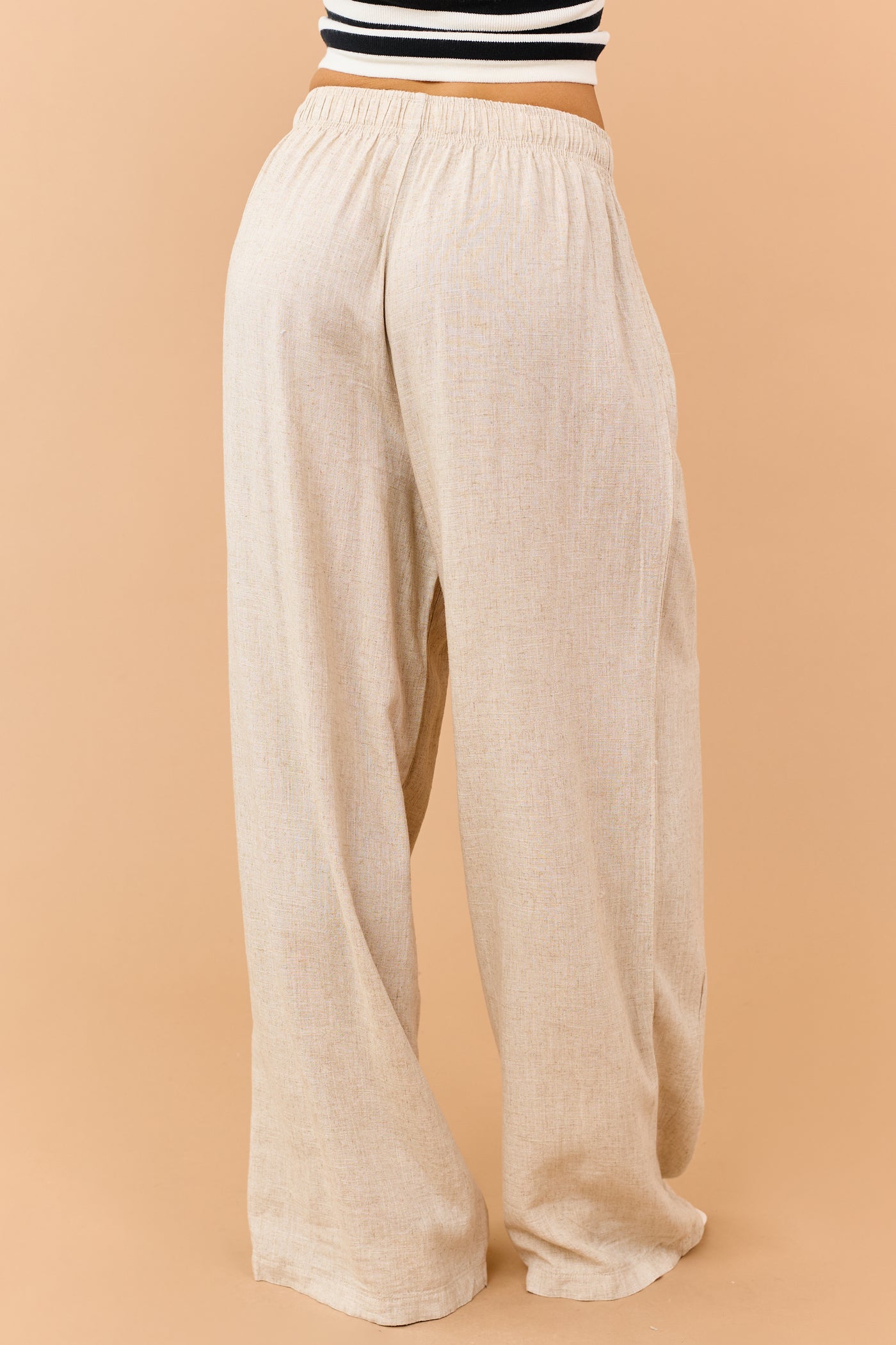 Beige Linen Blend Drawstring Wide Leg Pants