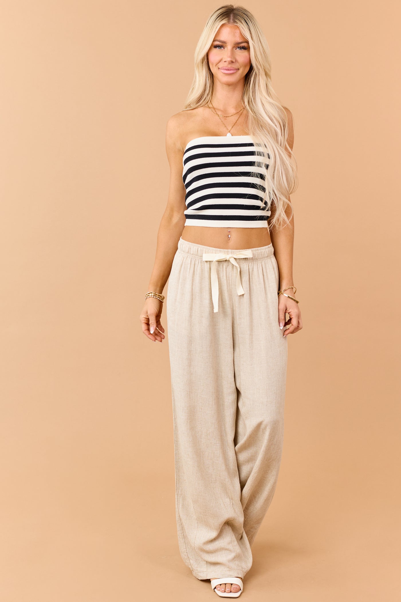Beige Linen Blend Drawstring Wide Leg Pants