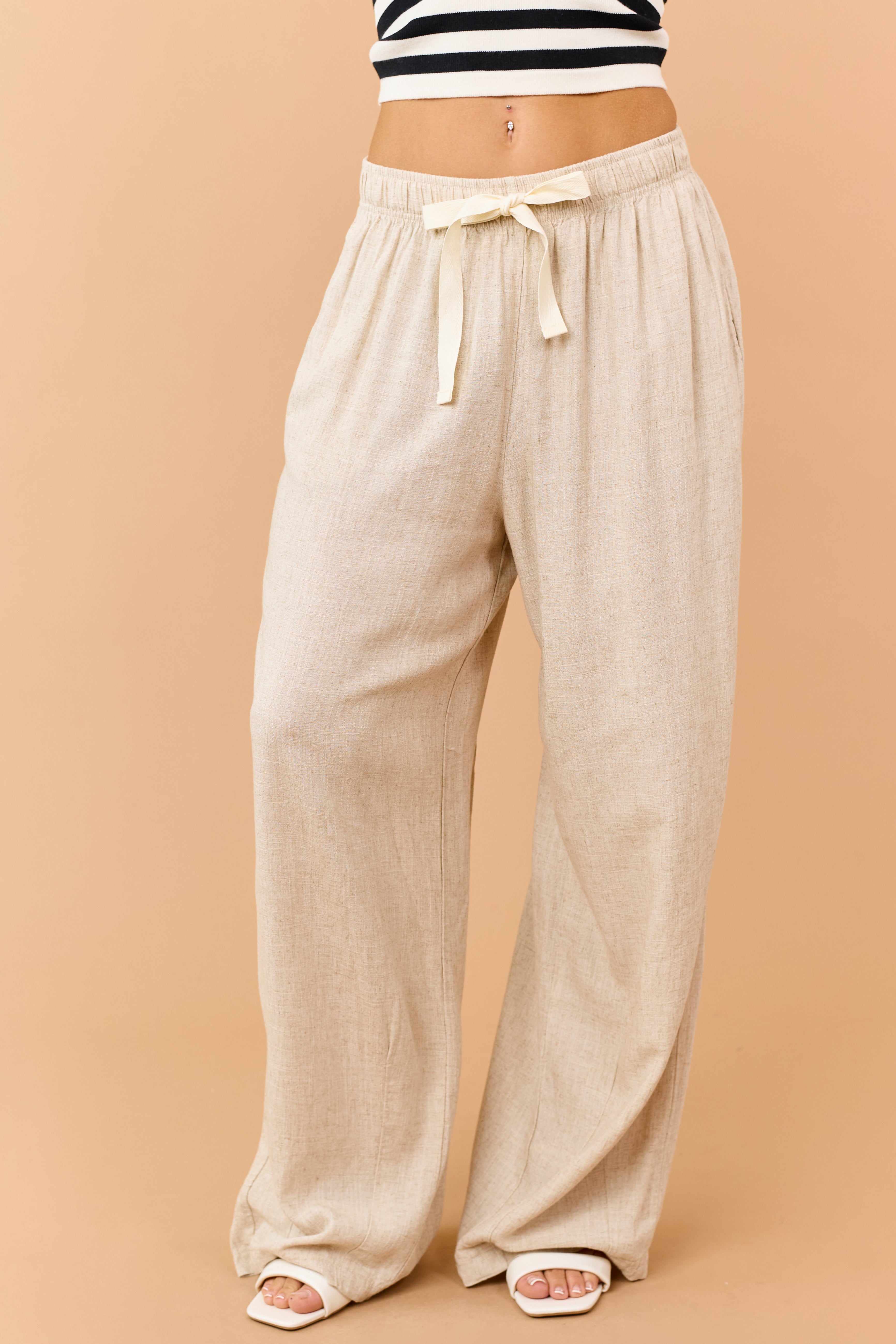 Beige Linen Blend Drawstring Wide Leg Pants | Lime Lush Boutique